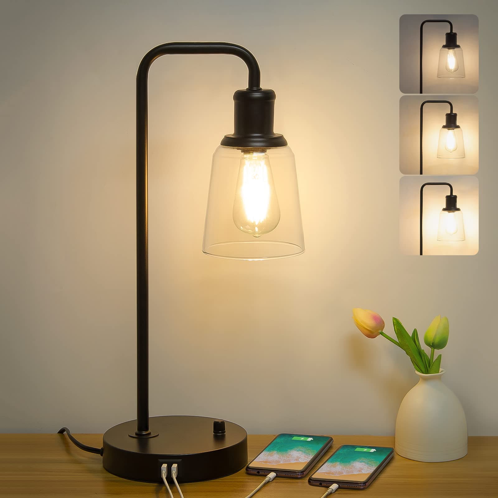 Industrial Table Lamp with 2 USB Ports, Fully Dimmable Vintage Nightstand Lamp, Tall Bedside Lamp Glass Shade, Desk Reading Lamp for Bedroom, Living Room, Office, 6W 2700K LED Edison Bulb Included