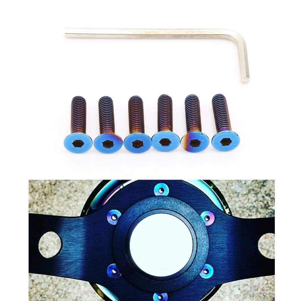Kyostar 6 Pcs Stainless Steering Wheel Screw Bolts M5×0.8 (Length 15mm) Burnt Titanium Blue Steering Wheel Bolts Screw