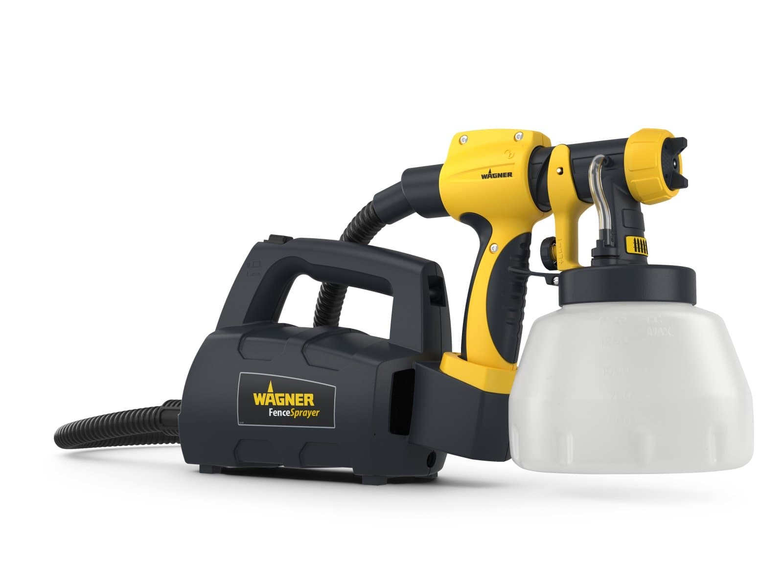 Fence & Decking paint sprayer for fences, sheds, decking or garden furniture, covers 5 m² in 9 min, 1400 ml capacity, 460 W, 1.8 m hose, Yellow/Black