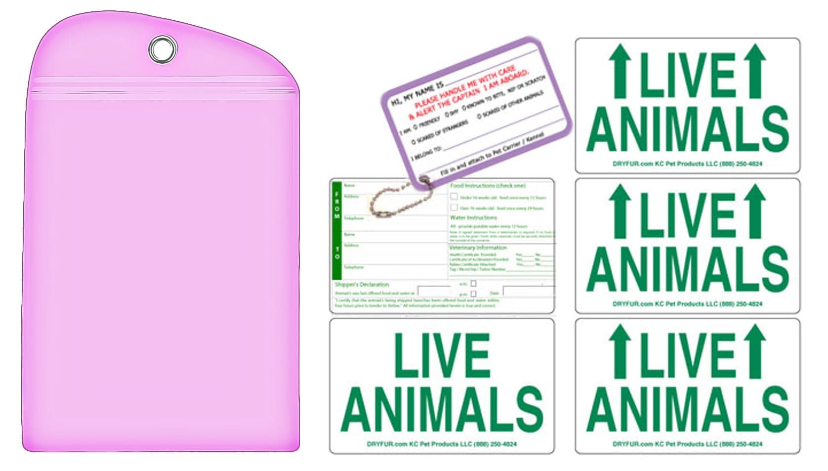 DryFur Live Animal Label Set of 5 Stickers w/Pet Passport Pouch Pink
