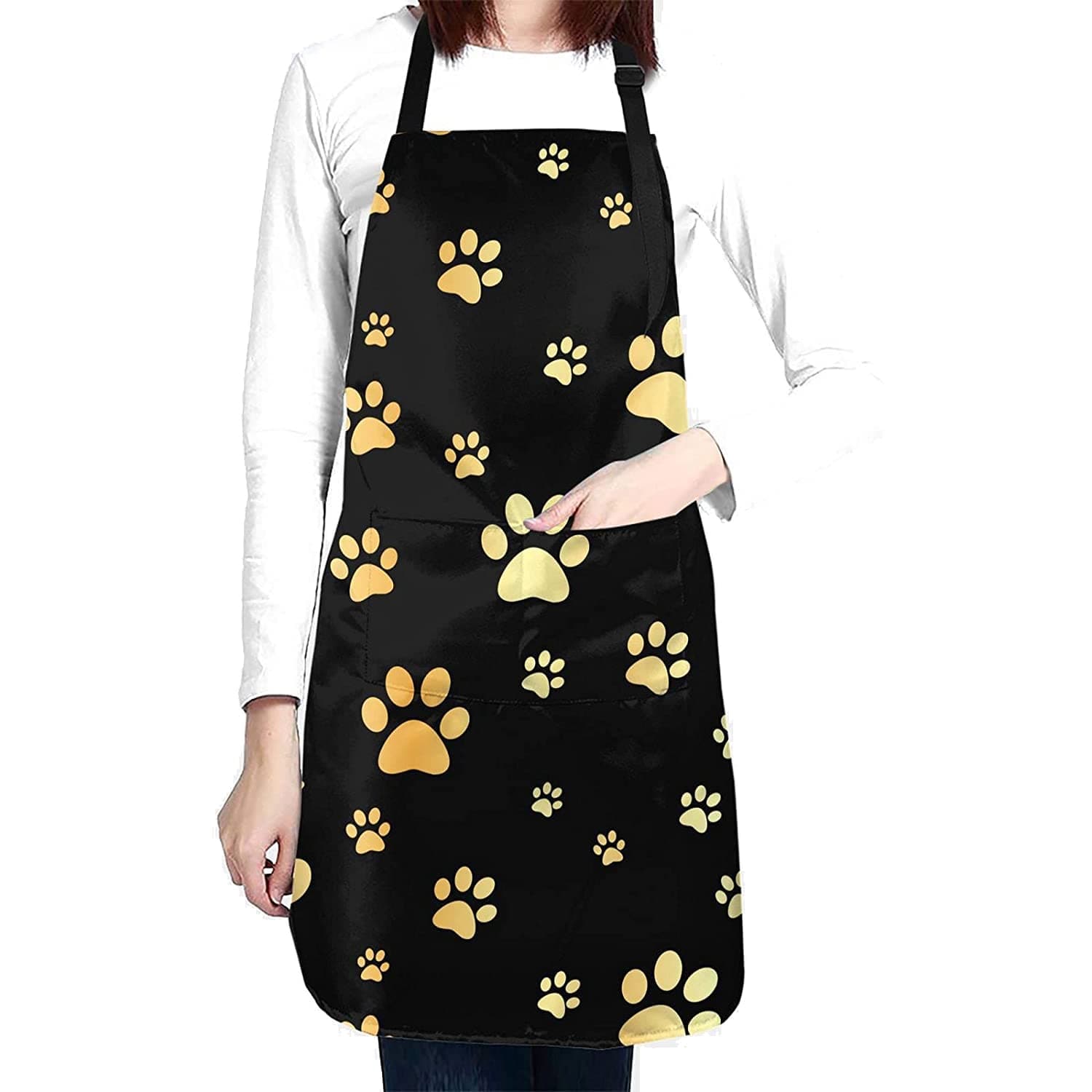 Perinsto Golden Dogs Paws Waterproof Apron with 2 Pockets Cute Pet Animal Footprints Kitchen Chef Aprons Bibs for Grooming Cooking Baking Painting Gardening