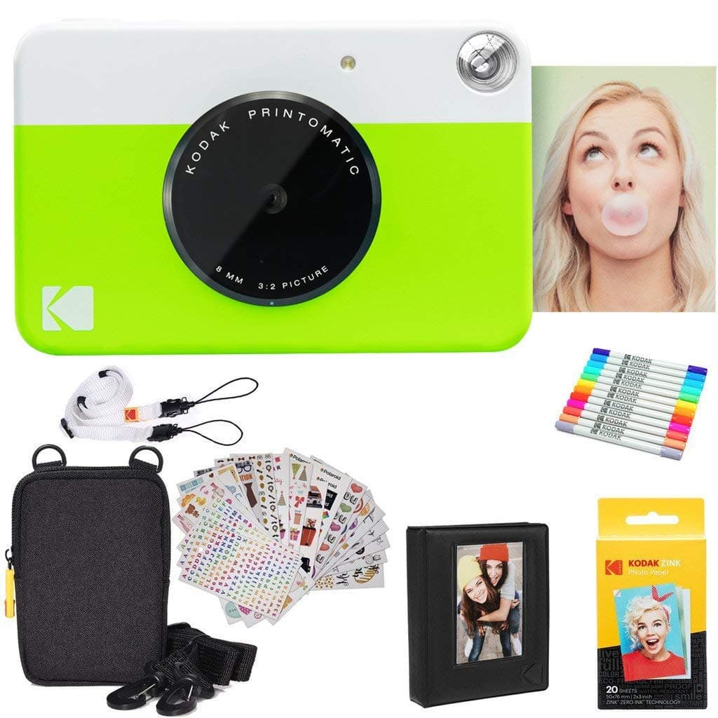 KODAK Printomatic Full-Color Instant Print Digital Camera Colorful Photos On Zink 2x3" Sticky-Back Photo Paper 5MP Gift Bundle: Case + Zink 2x3" 20pk + Album + Stickers + Frames + Markers - Green