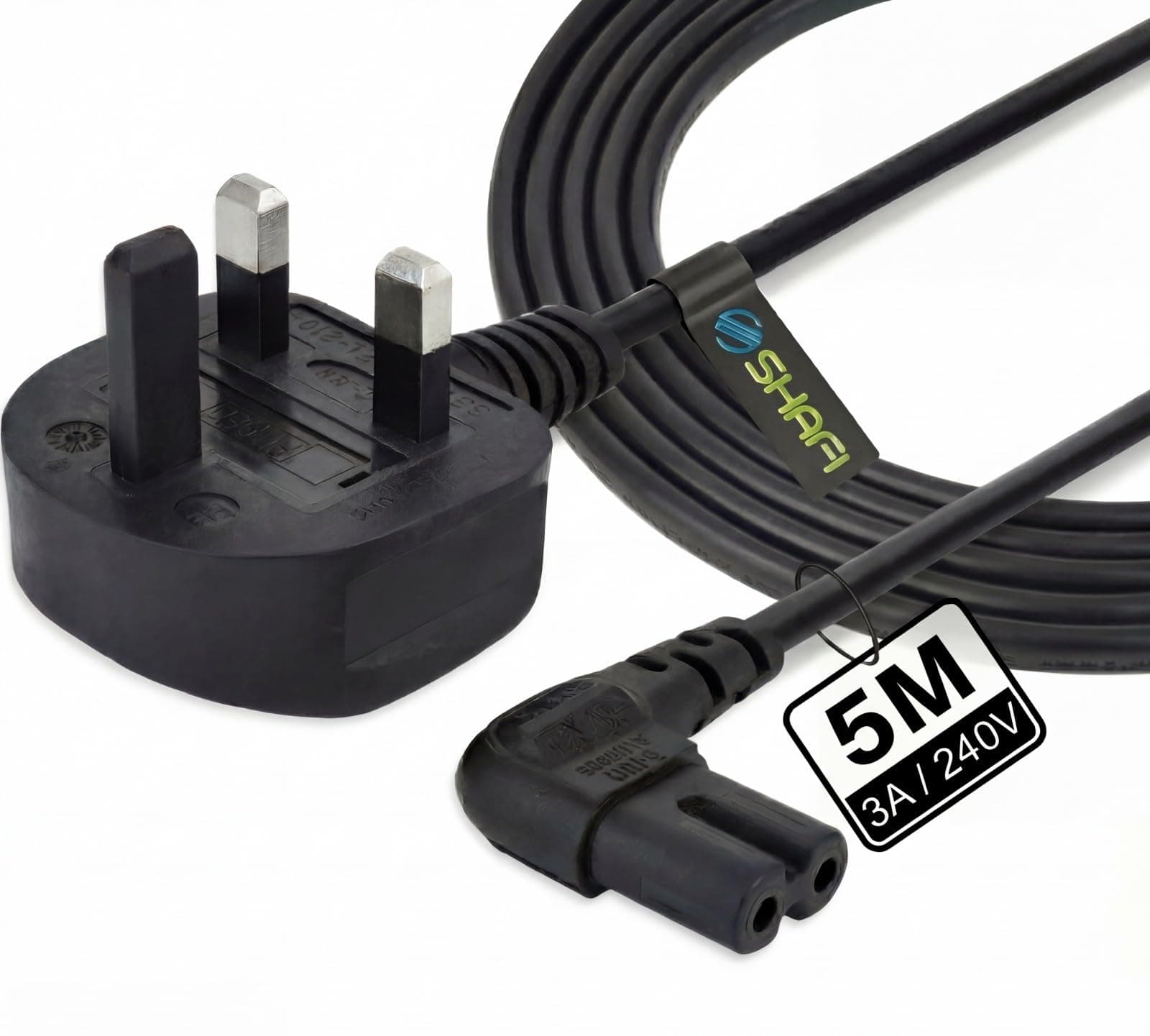 SHAFI Figure 8 Power Lead 5M - 2-Pin 90 Degree Angle IEC C7 Universal UK Plug Power Cable - Compatible Figure 8 cable for PS5, Xbox Series X, Smart LED TV, Samsung TV, LG TV, Sony TV