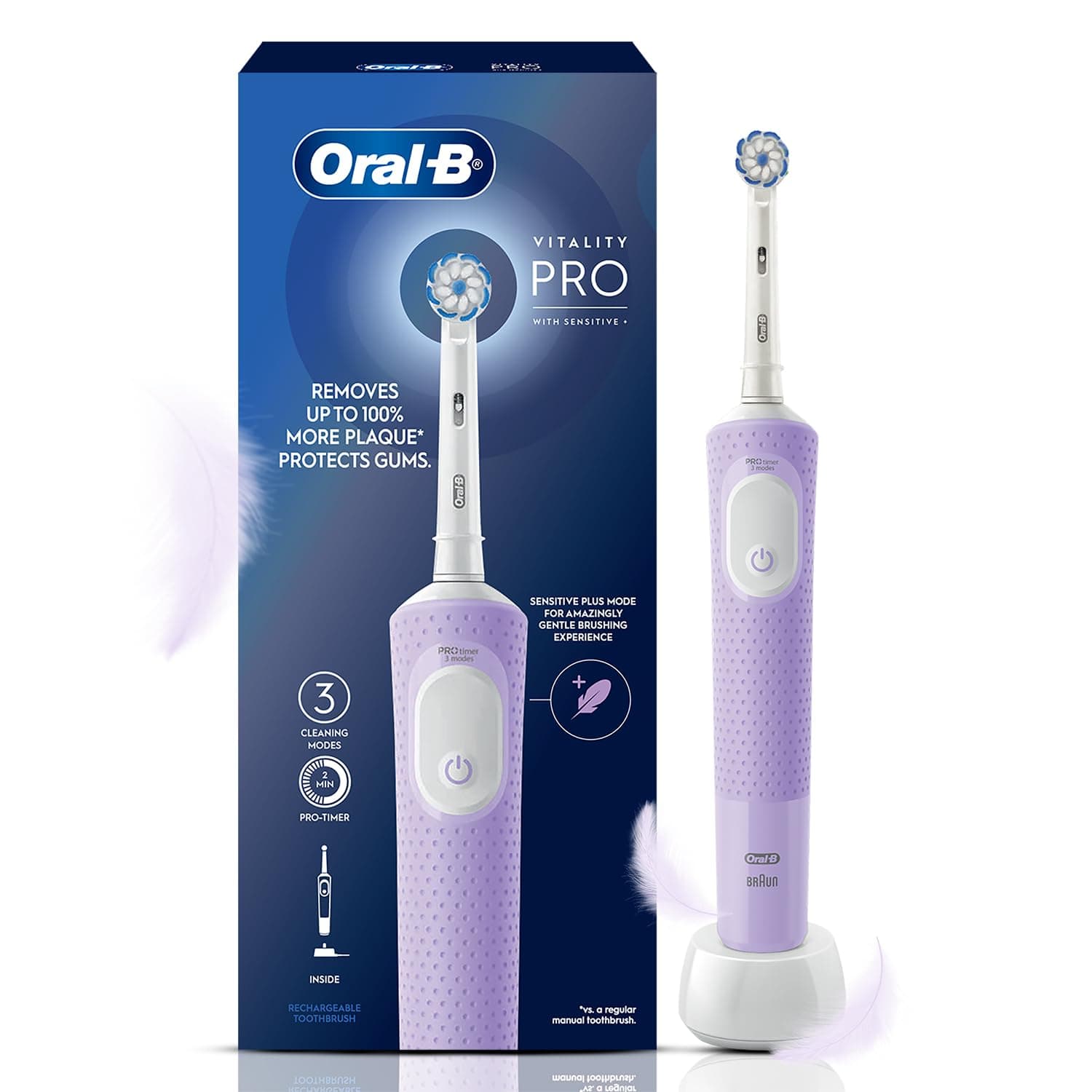 Oral-B Vitality Pro with Sensitive Plus Rechargeable Electric Toothbrush for Adults, 3 Brushing Modes (Daily, Sensitive, Sensitive Plus), 2 Min Timer with Quadpacer, 2 Year Warranty by Oral B, IPX7 Water Resistant, Round Brush Head (Lilac)