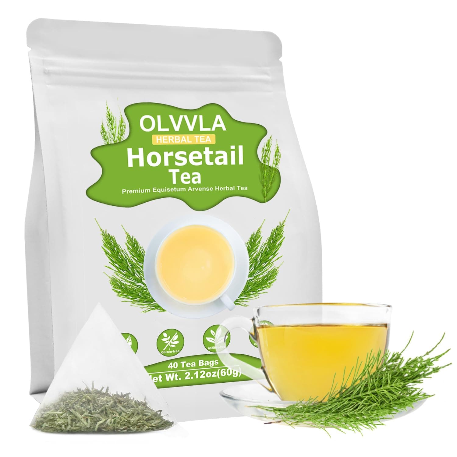 Olvvla - Premium Horsetail Tea Bags - 1.5g X 40 Count - Pure Natural Horsetail Herbal Tea - Caffeine-free - Non-GMO - Dried Horsetail Herb - Rich in Antioxidants & Support Bone Health