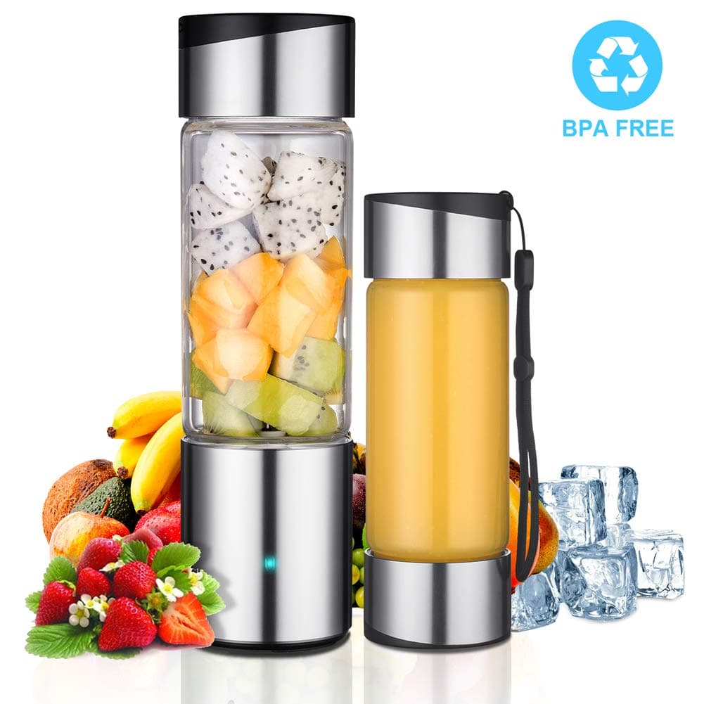 Portable Blender, Stainless Steel Smoothie Blender with 16 oz Glass Travel Cup and Lid, Single Serve USB Rechargeable Cordless Electric Mini Juice Mixer. Personal Handheld Blender