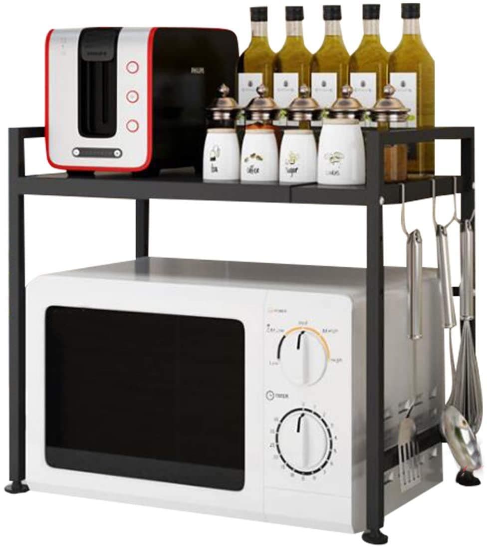 THERESA Microwave Oven Rack, Expandable Carbon Steel Microwave Shelf,2-Tier Adjustable Kitchen Counter Shelf and Organizer with 3 Hooks,110lbs Weight Capacity,Black