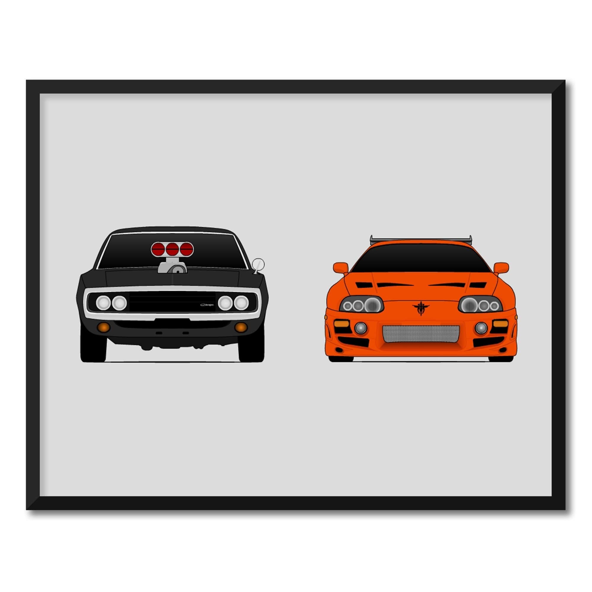 Handmade Poster compatible with Fast and the Furious and Print of Dodge Charger and Toyota Supra MKIV - 8x10" Satin Print (Unframed) - Gift for Car Enthusiast