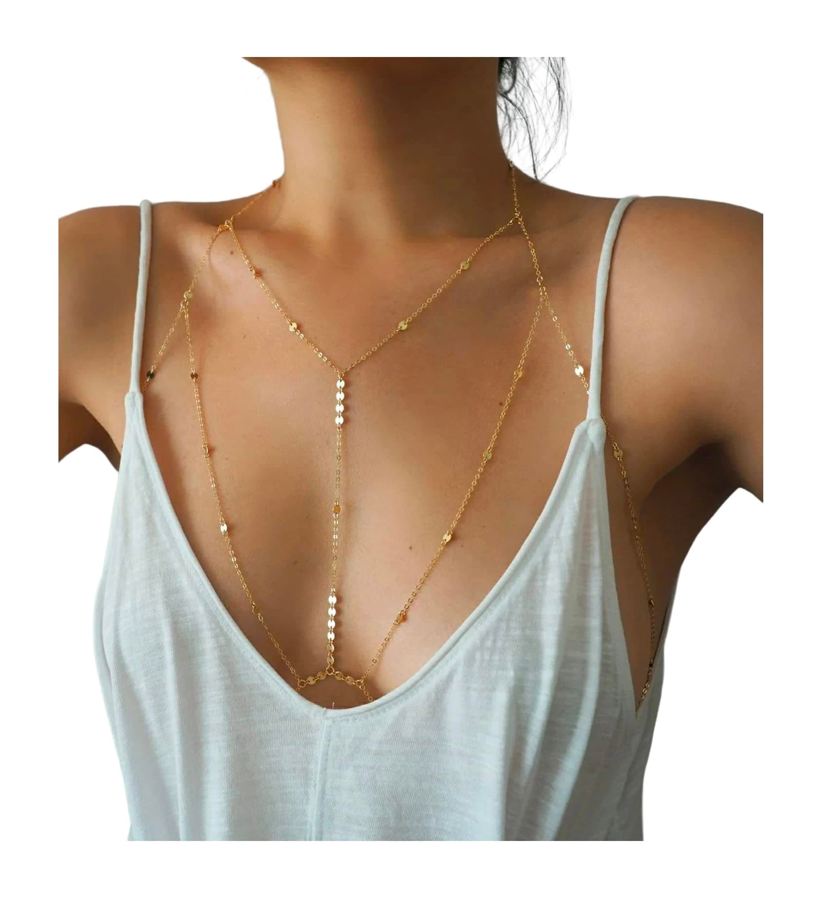 Sequins Bra Body Chain, Tiny Coins T-Row Dainty Chain Bralette, Bikini Body Jewelry, Layering Festival Body Chain for Women (BC040-Sequins Bra)
