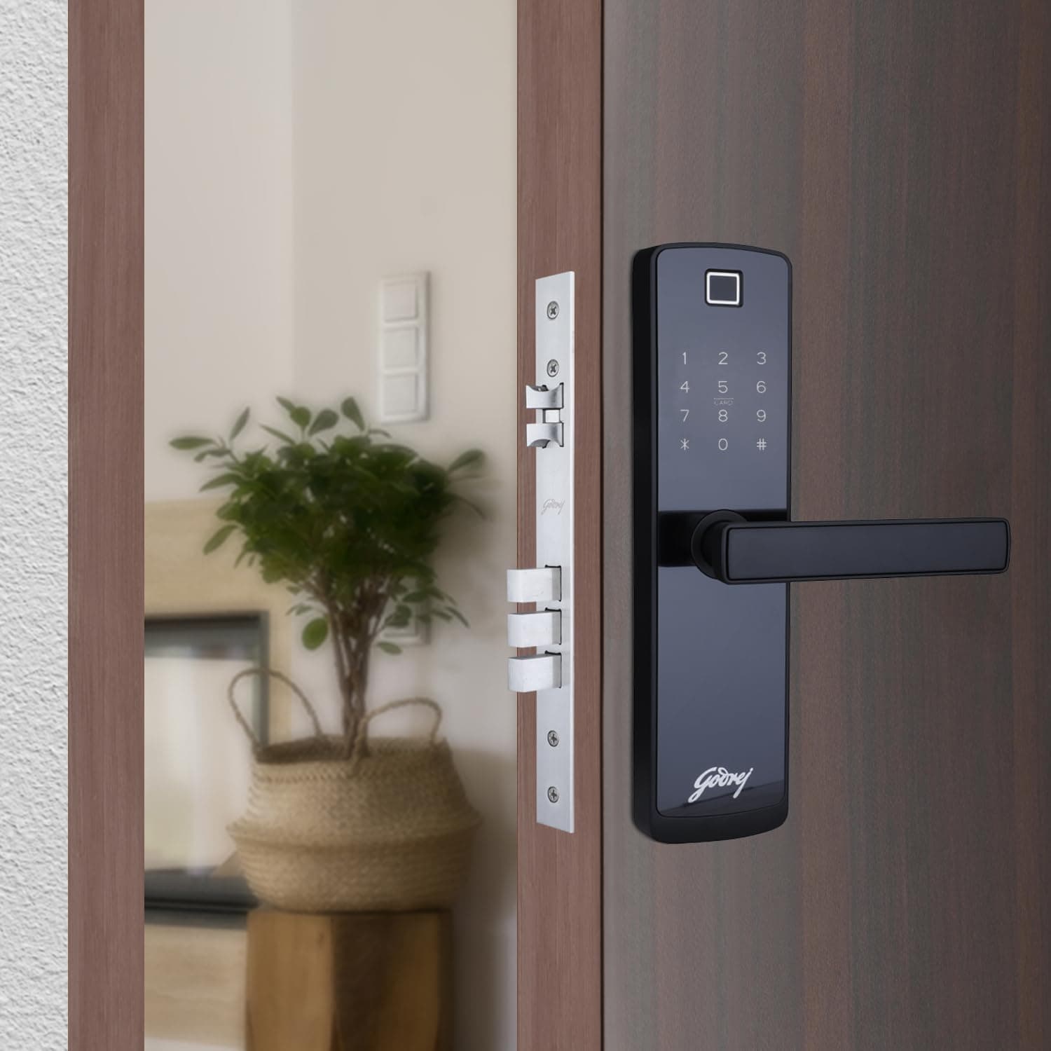Godrej Smart Lock I Catus Touch Plus I Digital Lock for Wooden Door I 4in1 Access I Fingerprint | RFID I PIN Access I Mechanical Key I 3 Dead Bolts I Black I 3 Yr Warranty | Free Installation
