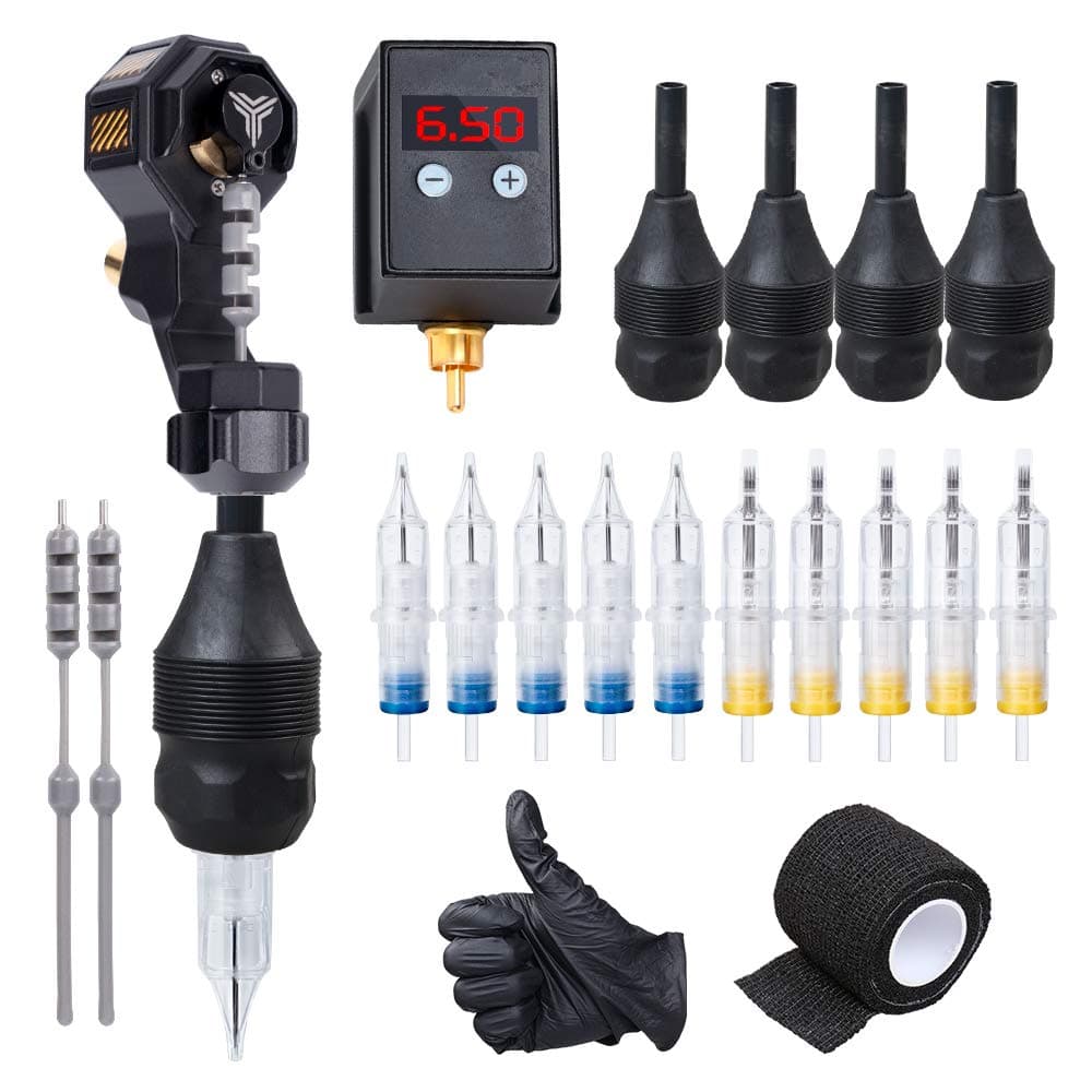 Complete Rotary Tattoo Machine Kit with Wireless Tattoo Power Supply Cartridges Needles