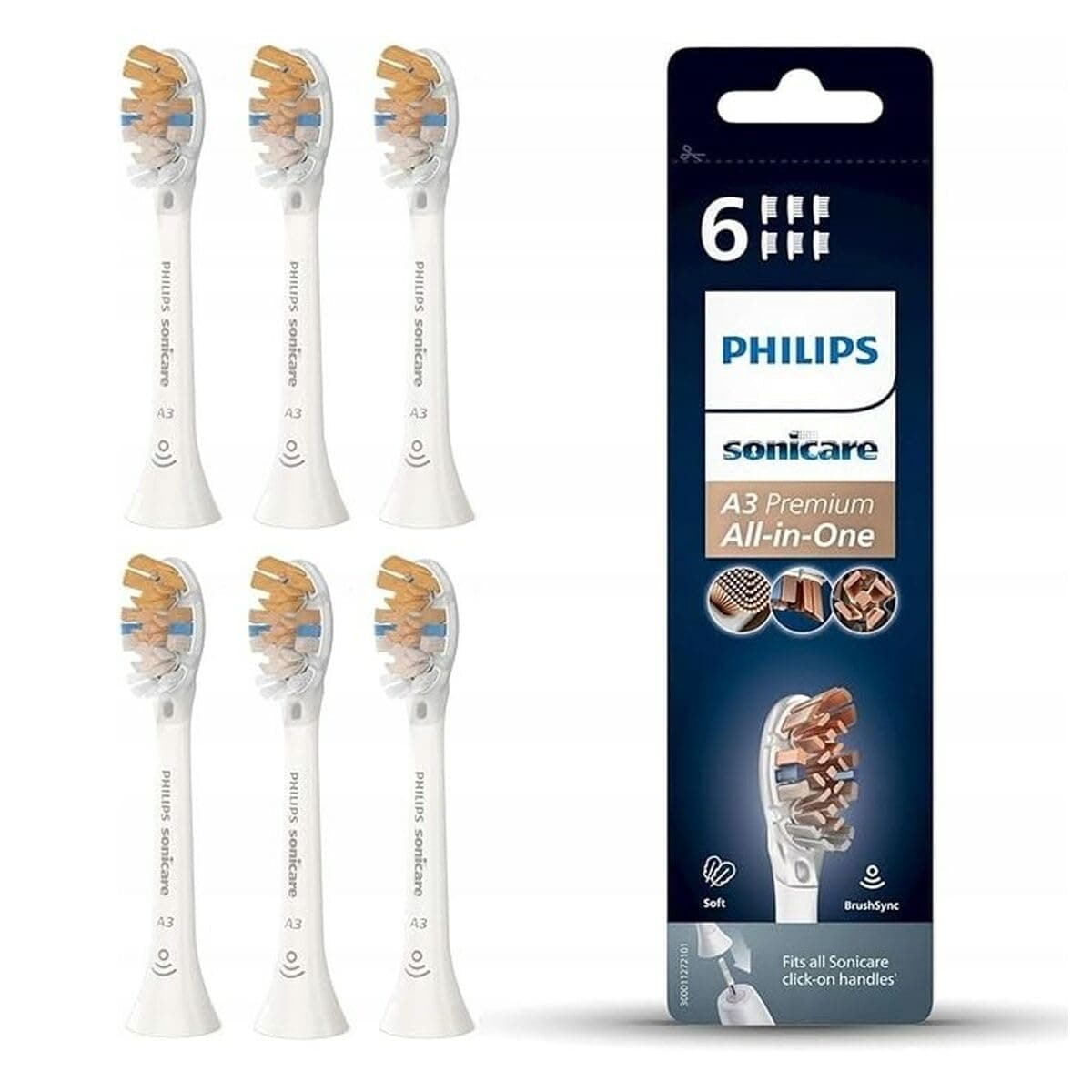 Philips Sonicare Genuine A3 Premium All-in-One Replacement Electric Toothbrush Head – Pack of 6 Philips Sonicare Replacement Brush Heads in White (Model HX9096/10)