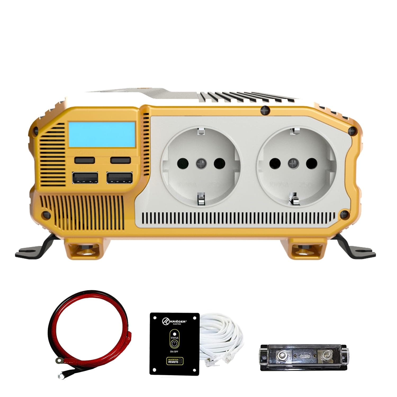 K KRIËGER Power Inverter 12V to 230V, Modified Sine Wave Car Inverter, Dual 230 Volts European AC Outlets, DC to AC Converter with Installation Kit Included - SGS CE Approved (1500 Watts)