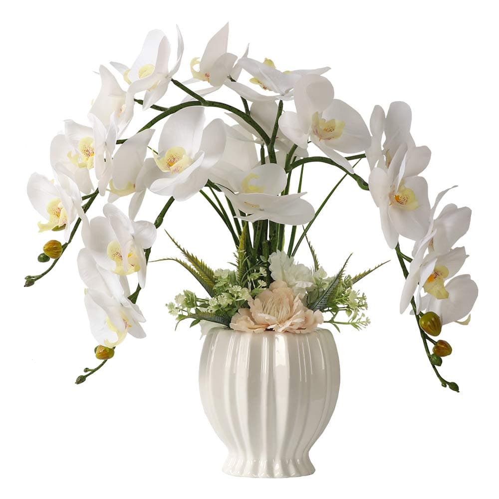 LESING Artificial Potted Orchid Flower for Table Centerpieces,Real Touch White Fake Orchid Flowers in Vase for Home Decoration (Style 3,White Vase)