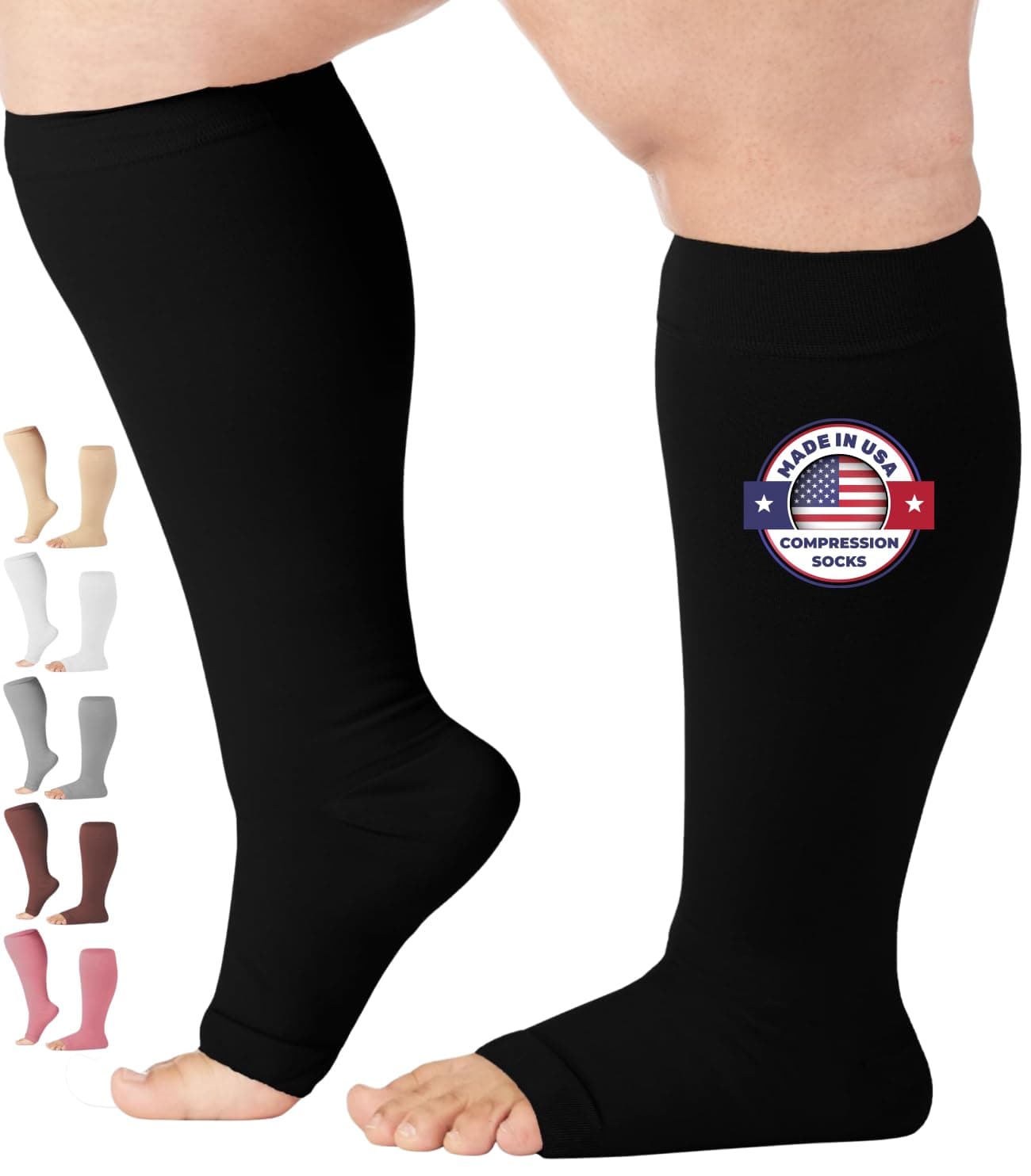 Mojo Compression Socks Made in The USA - 2XL Opaque - Knee-Hi Firm Support - Open Toe - 20-30mmHg - Stockings for Woman - Support for Men (XXL, Black)