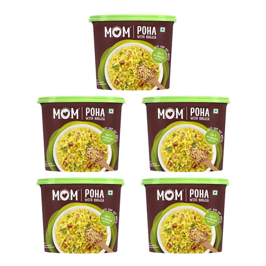MOM - MEAL OF THE MOMENT Poha with Bhujia (Pack of 5) | All Natural, 100% Vegetarian, Vegan, Gluten Free, Ready to Eat, Instant Food, Just Add Hot Water