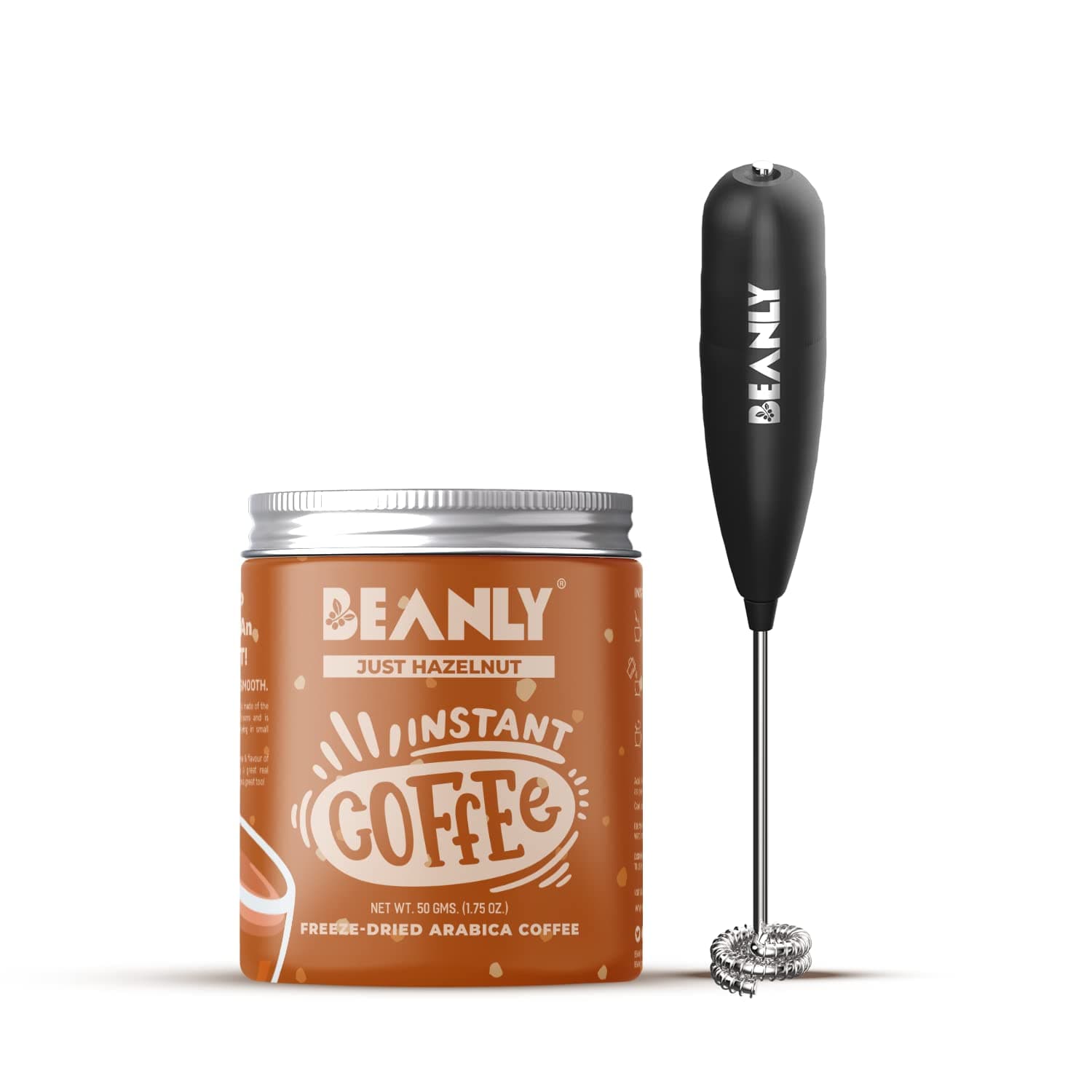 Beanly Instant Hazelnut Coffee with Frother, Enjoy a Perfectly Creamy Cup of Hazelnut Coffee Anytime, Anywhere with Freeze Dried & Micro Ground Coffee and Built-In Frother - No Equipment Required
