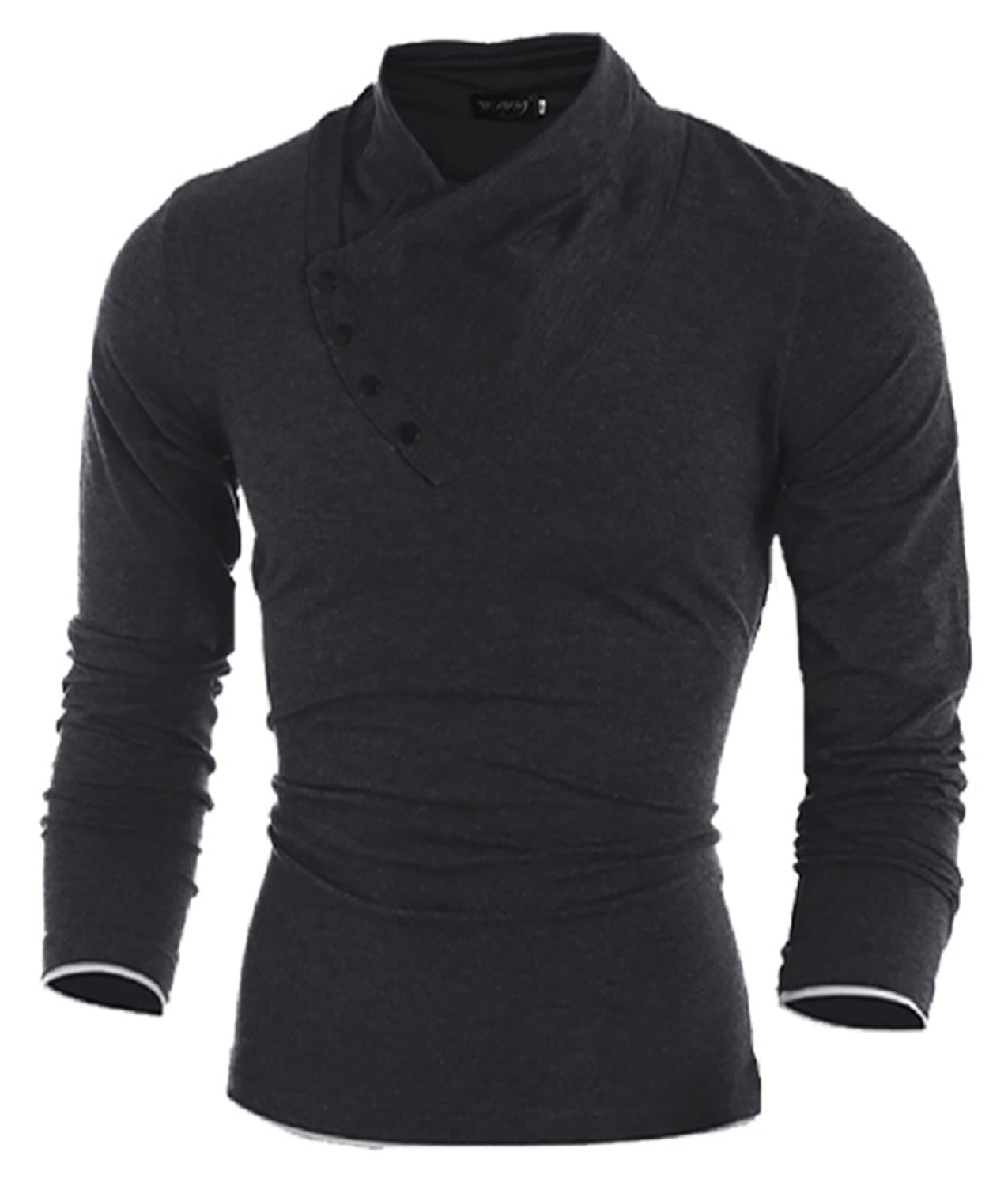 Elen Men's Long-Sleeve Button Collar T-Shirt (Large, Black)