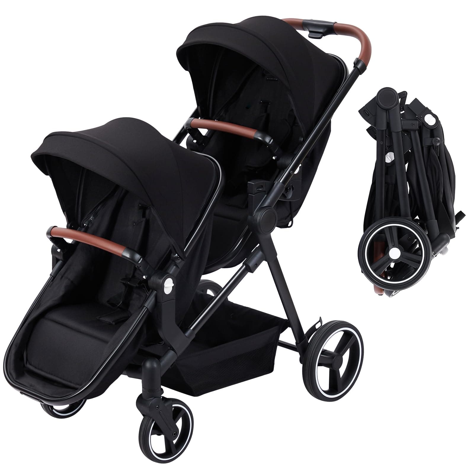 GarveeLife Double Stroller for Infants and Toddlers, Foldable Tandem Stroller, Reversible Pushchair Bassinet Pram with Large Storage Basket, Adjustable Backrest & Canopy, Black