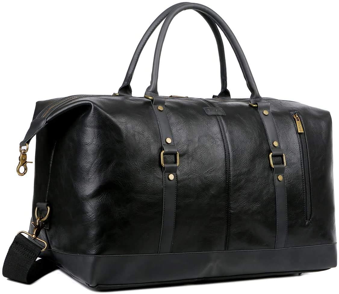 Faux Leather Travel Duffel Tote Bag Overnight Weekender Bag for Men and Women HB-14 (Black)
