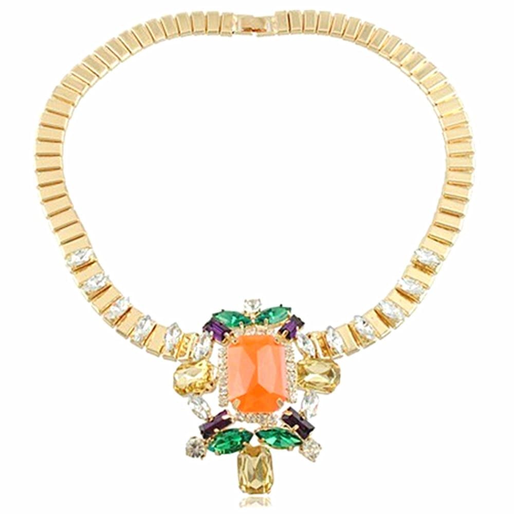 Fashion Large Orange Facets Stone Pendant Multi Color Short Bib Necklace Statement Necklace