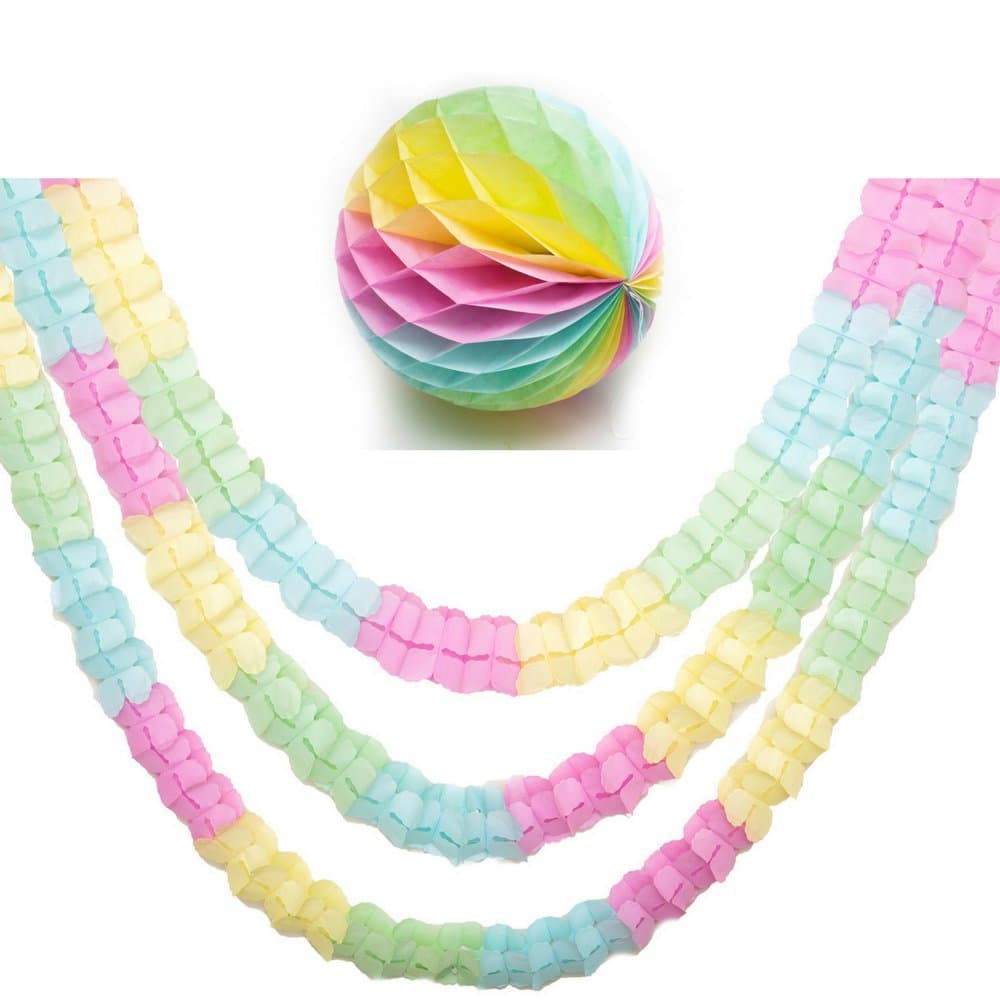 Hanging Garland Four-Leaf Tissue Paper Flower Garland Reusable Party Streamers with Bonus Honeycomb Ball for Party Wedding Decorations, 9 Pack Set (Unicorn Pastel Treat)