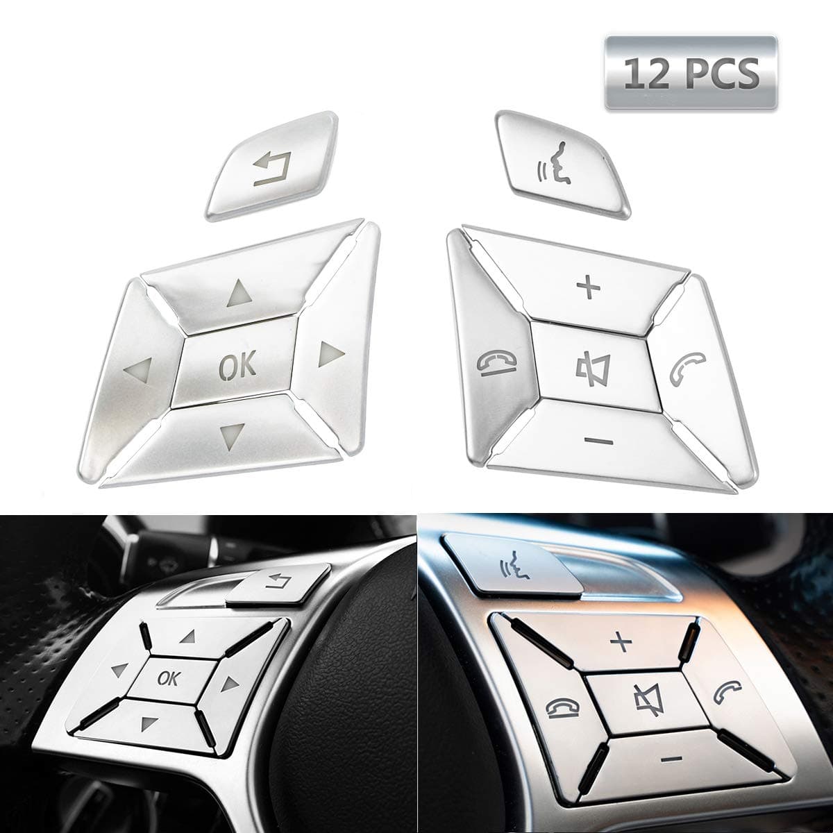 Steering Wheel Button Trim Cover Stickers Inner Car Decoration Fit for Mercedes Benz E C G Class W204 2012-2016 Interior Accessories Silver - 12Pcs