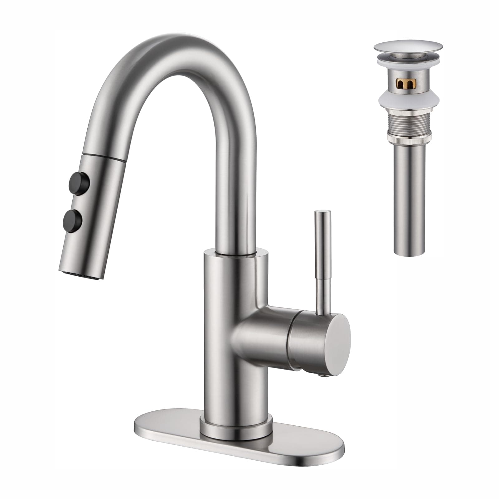 Bathroom Sink Faucet with Pull Down Sprayer, Brushed Nickel Single Handle Pull Out Faucet with Pop-Up Drain, 1 or 3 Hole Laundry Bar Basin Faucet with Deck Plate, KBL-7002BN-CL