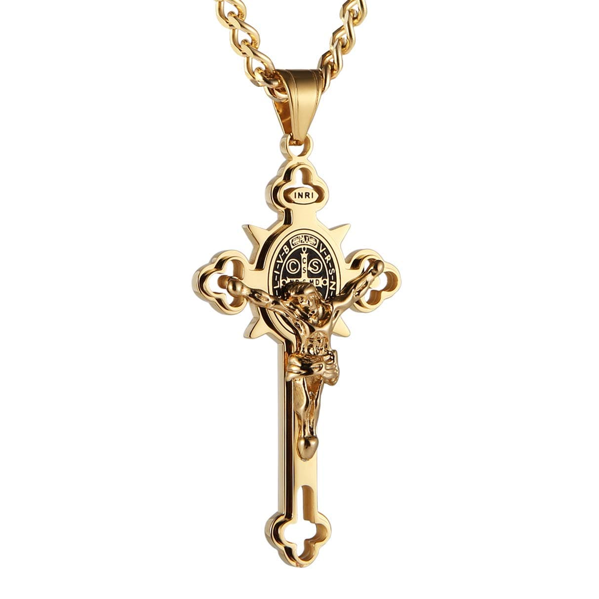 HZMAN Religion Stainless Steel Saint St St. Benedict Crucifix Cross Pendants Necklace INRI