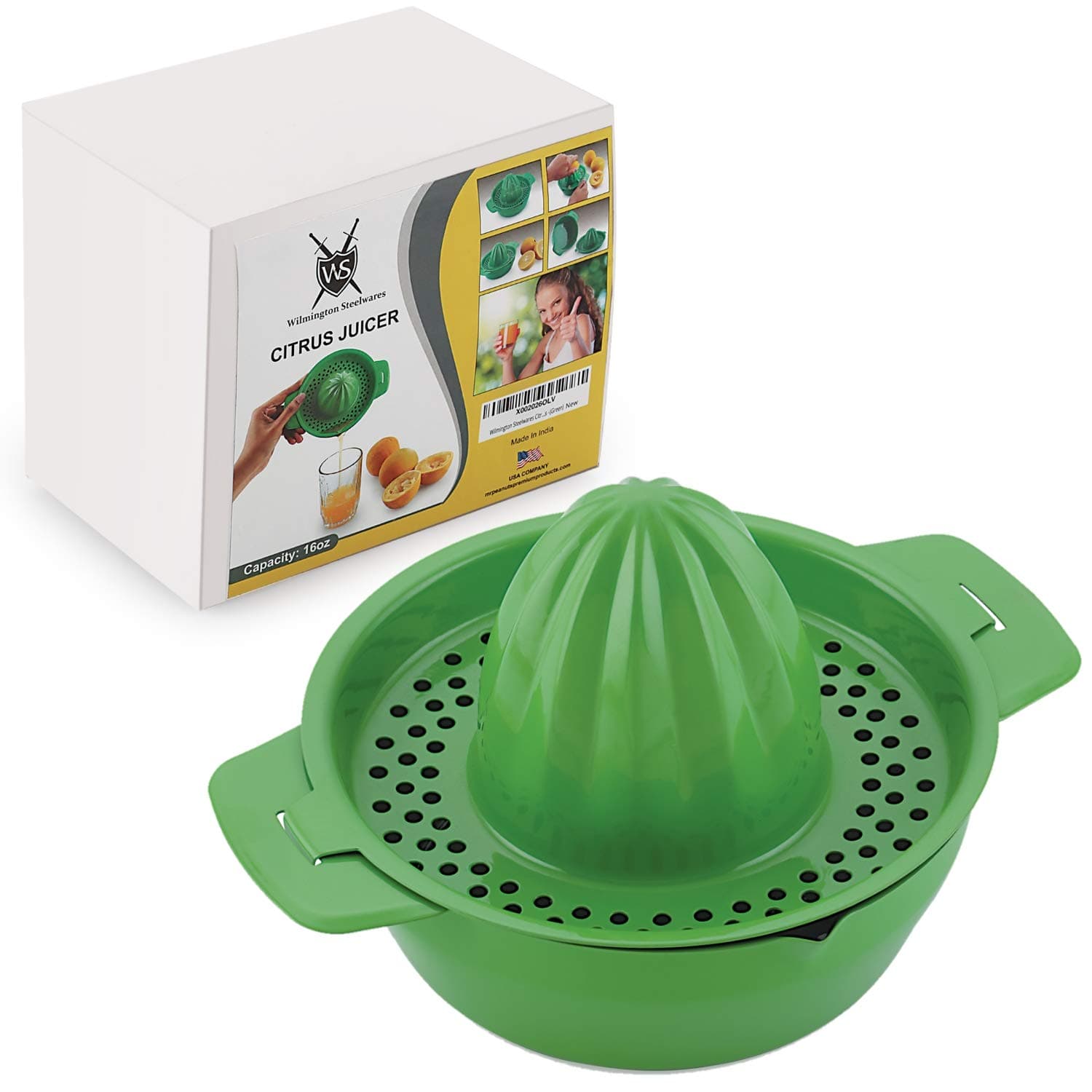 Citrus Juicer & Strainer - Stainless Steel - Make Your Own Orange - Grapefruit - Lemon & Fruit Juices - 16oz Capacity (Green)
