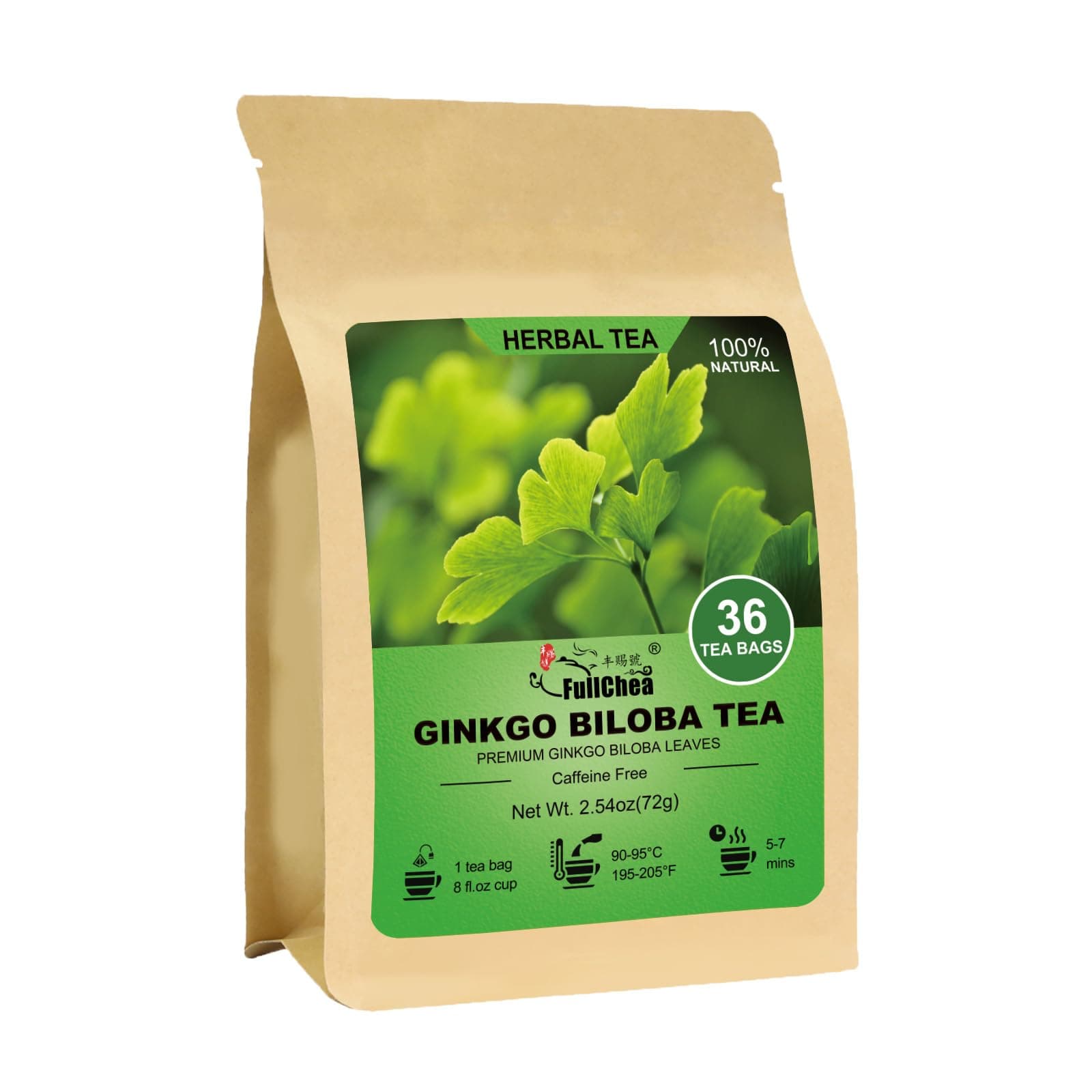 FullChea - Ginkgo Biloba Tea Bags, 36 Teabags - Premium Dried Ginkgo Biloba Leaves - Non-GMO - Caffeine-free - Support Memory & Focus