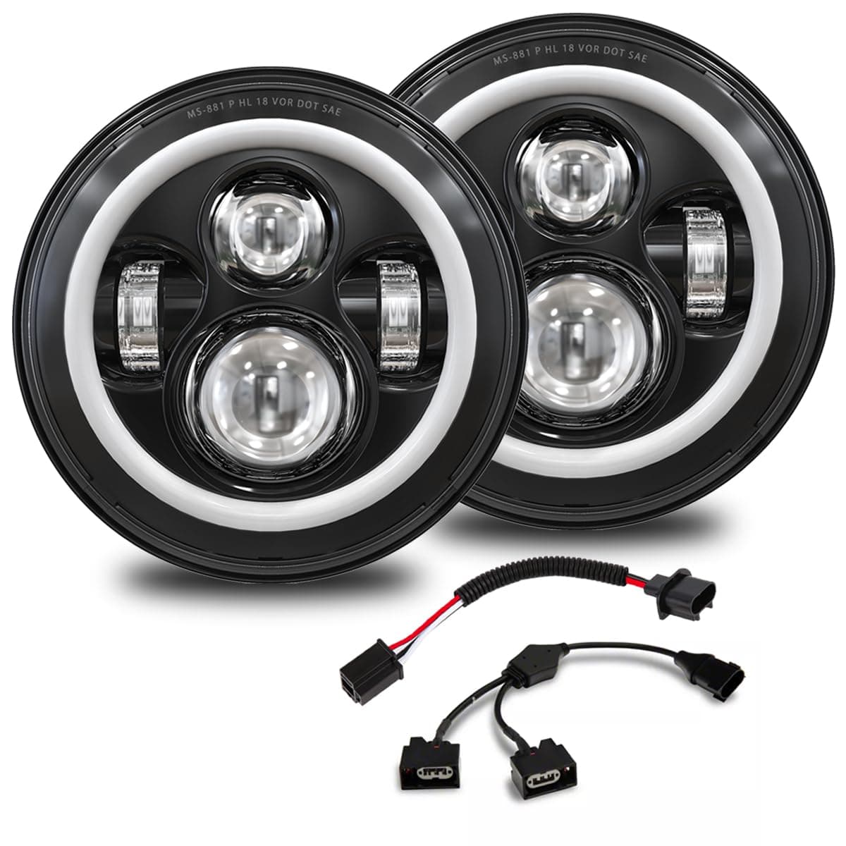 7 Inch LED Halo Headlights with Turn Signal Amber White DRL Compatible with 2007-2017 Jeep Wrangler JK JKU Headlamp Replacement-1 Pair Black