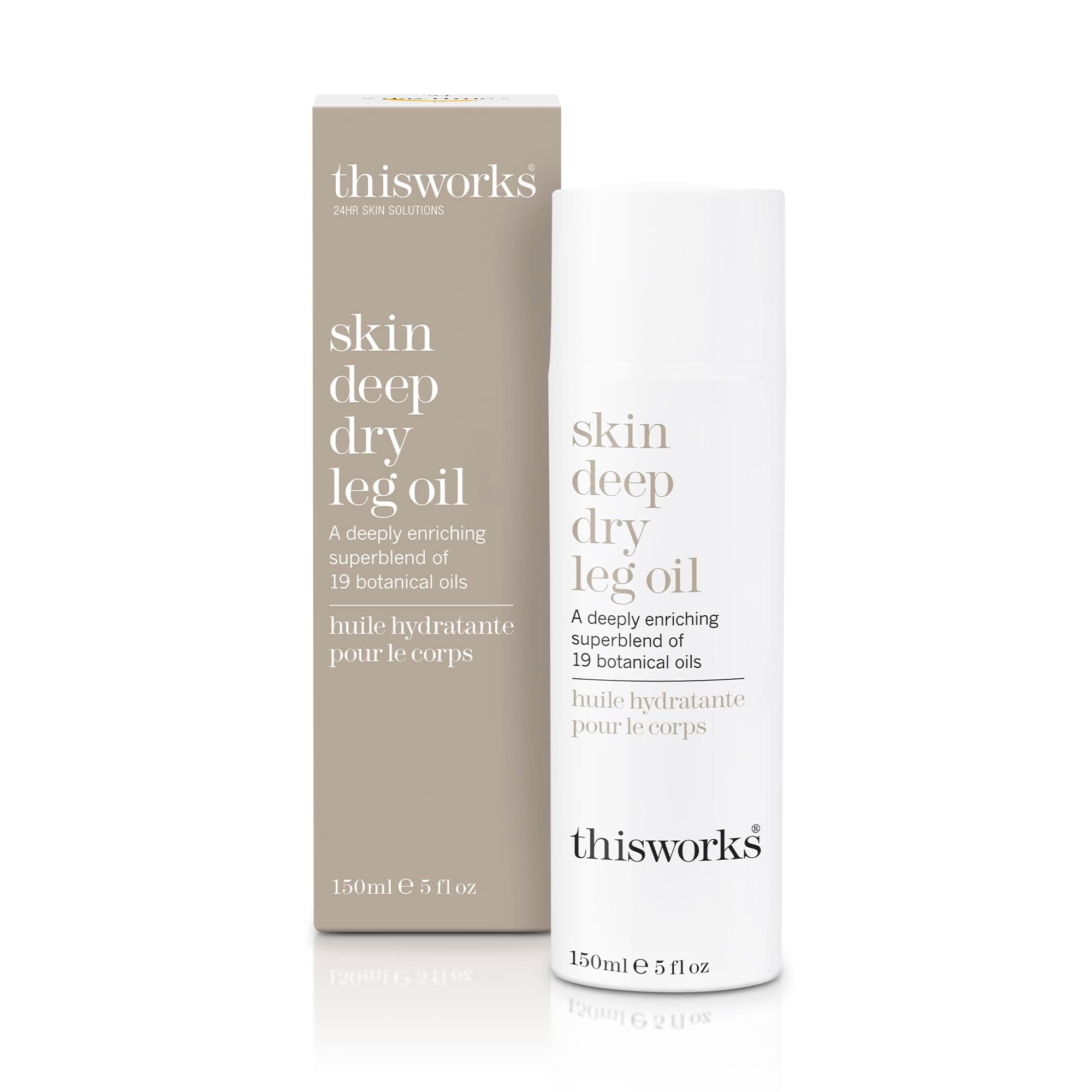 - THISWORKS Skin Deep Dry Leg Oil – 100% Natural Body Oil Moisturizer with 13 Essential Oils & 6 Cold-Pressed Plant Oils, Hydrates & Nourishes Dry Skin, 5 oz / 150ml