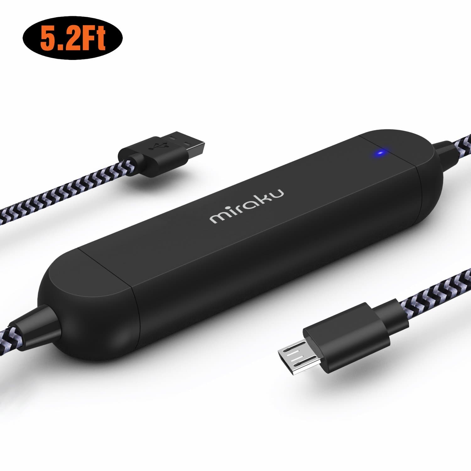 Micro USB Pocket Juice Portable Charger - miraku M9 5.2Ft Nylon Braided Power Cord Built-in 1500mAh Battery Pack for Samsung, LG, HTC, Sony And More (Black)