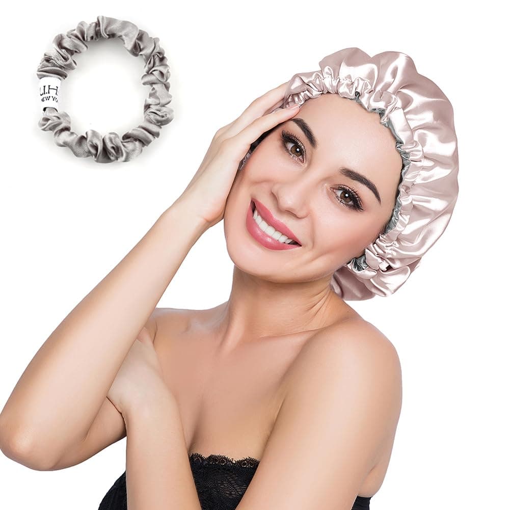 Stain Bonnet Silky Sleep Cap Adjustable Satin Cap for Night Sleeping Hair Bonnet Reversible Double Layer Champagne/Grey
