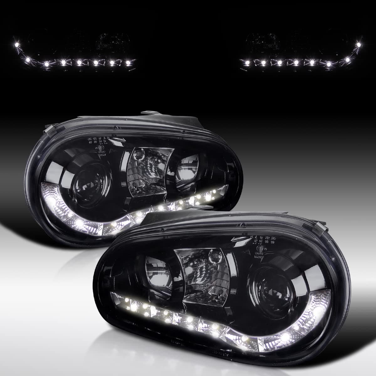 Autozensation Compatible with 1999-2006 Volkswagen Golf MK4, 1999-2006 Volkswagen GTI, Left + Right Pair Headlamps Assembly, LED Strip Glossy Black Housing Smoke Lens Projector Headlights