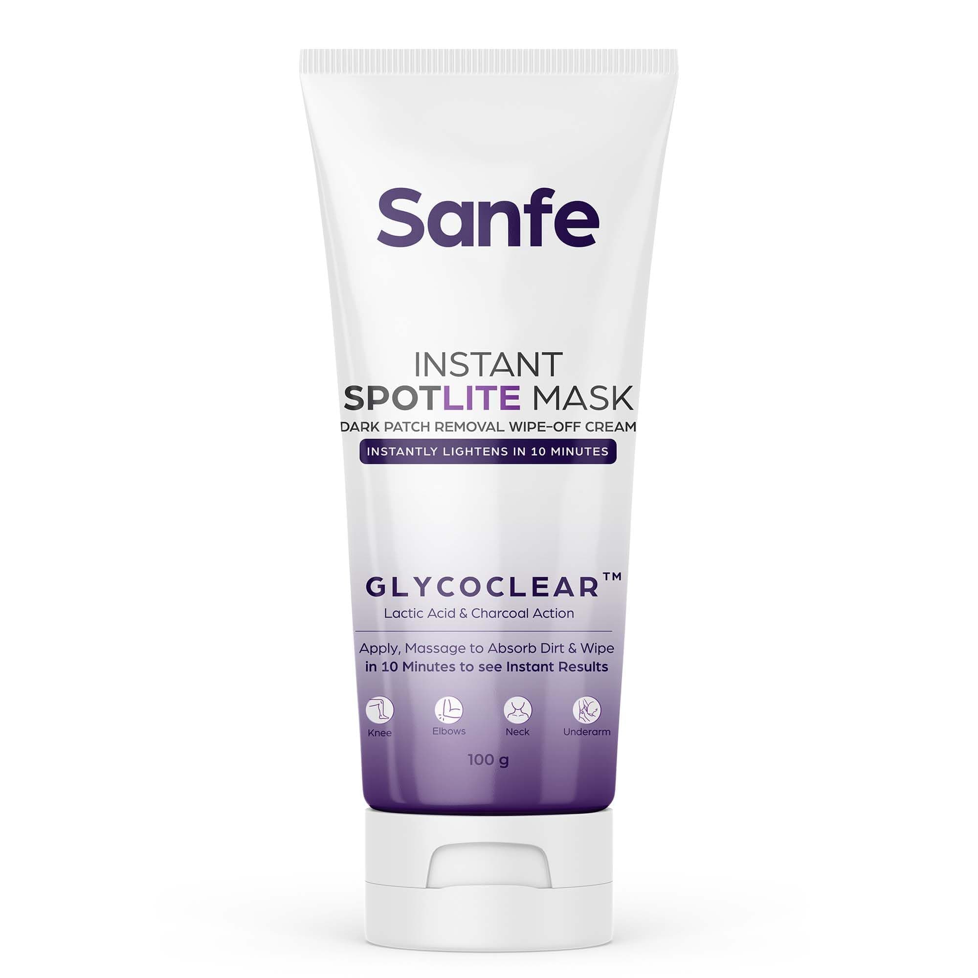 Sanfe Instant Spotlite Mask For Dark Underrams, Neck & Body| Dark Patch Removal Wipe-Off Cream in 10 Minutes | For Detanning, Anti Aging & Skin Tightening | Glycolic & Kojic acid with Charcoal 100g