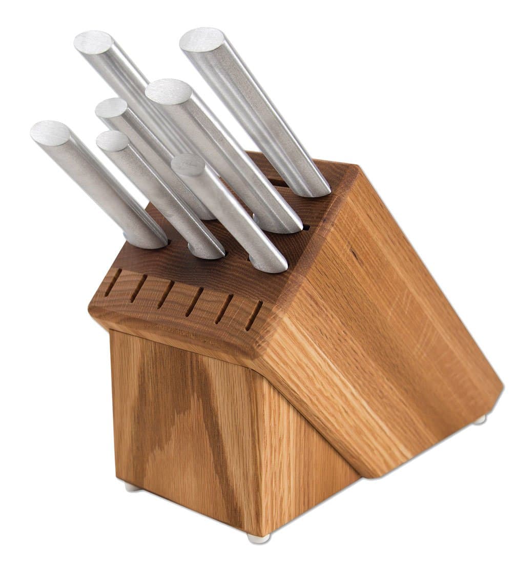 Cutlery Essential Oak Block Set (S58), Stainless Steel Hollow Ground Blades, Made in USA, Silver Handles