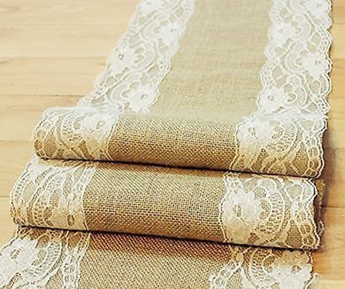 MEIHUA Natural Burlap Table Runner with Lace Wedding Decor Rustic Shabby Chic Hessian Jute Outdoor Party (Length: 47")