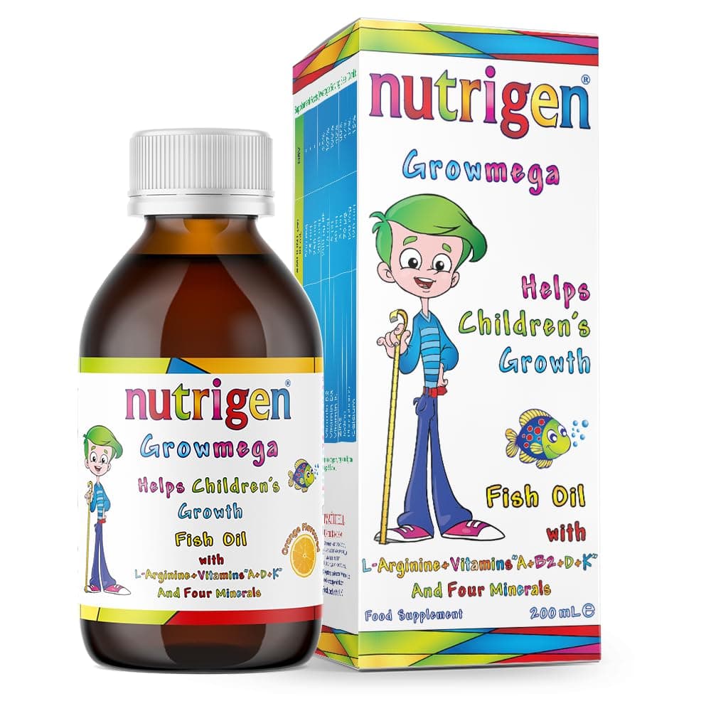 Nutrigen Growmega Liquid with Icelandic Fish Oil, Omega‑3 (EPA & DHA) + Vitamins A, B2, D, K, Calcium, Zinc, Phosphorus, Iodine & L‑Arginine, Orange Flavoured, Helps Children’s Growth, 200 mL