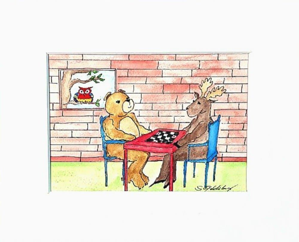 Moose, Bear and Checkers Original Watercolor, 8x10 in Ready to Frame Mat