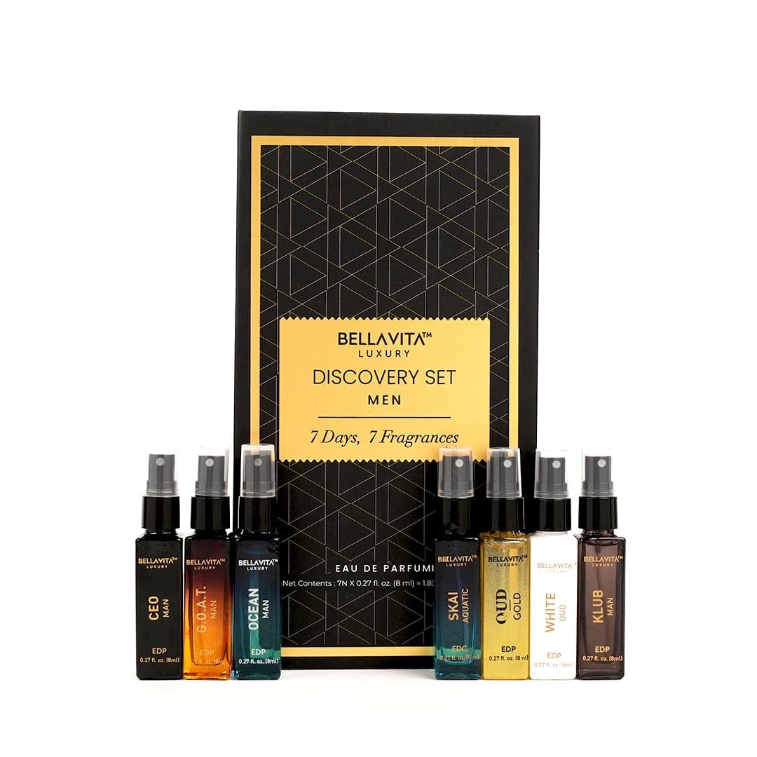 Bellavita Luxury Men's Perfume Discovery Gift Set with CEO Man, G.O.A.T., OCEAN, Skai, Gold Oud, White Oud, and Klub | 56ml | Perfume for Men | Woody, Citrus, Fresh, Oriental Scent Profile