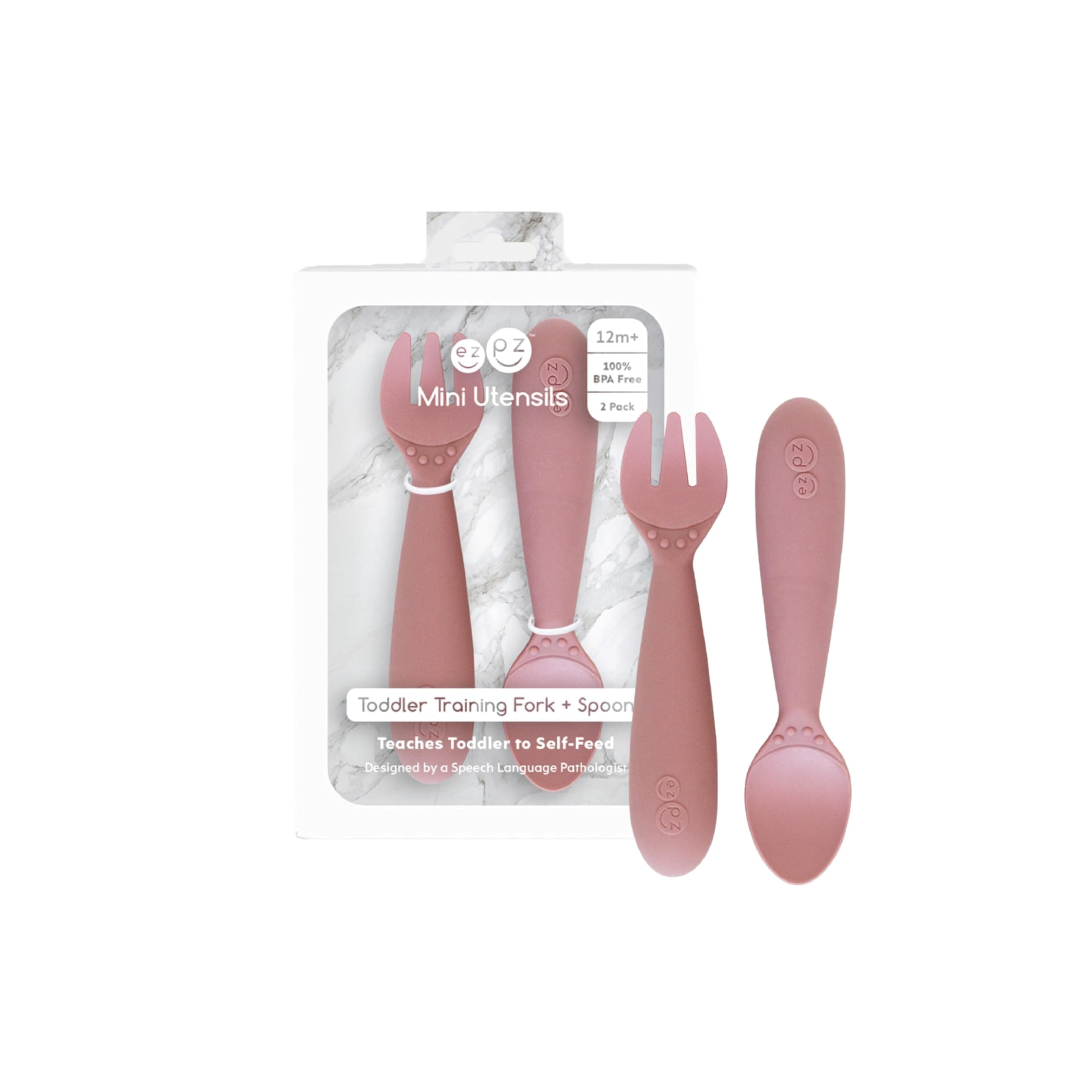 ezpz Mini Utensils - 12 Months+ (Fork & Spoon in Blush) - 100% BPA Free Fork and Spoon - Toddler Utensils - Designed by a Pediatric Feeding Specialist