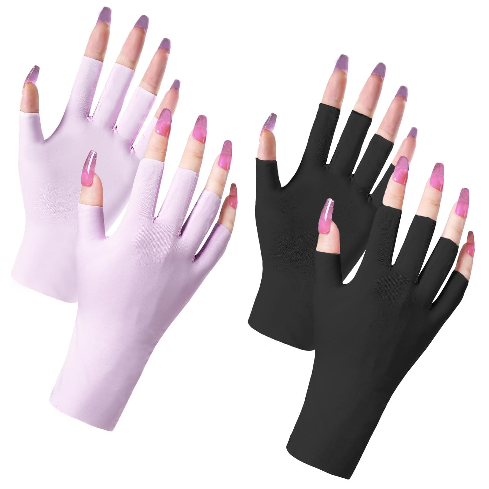 4 Pcs (2 Pair) UV Gloves for Gel Manicures: UPF 50+ Anti UV Gloves for Nails, Protection Gloves for Nail Lamp Skin Care, Fingerless Anti UV Glove Protect Hands from UV Harm (Black & Purple)