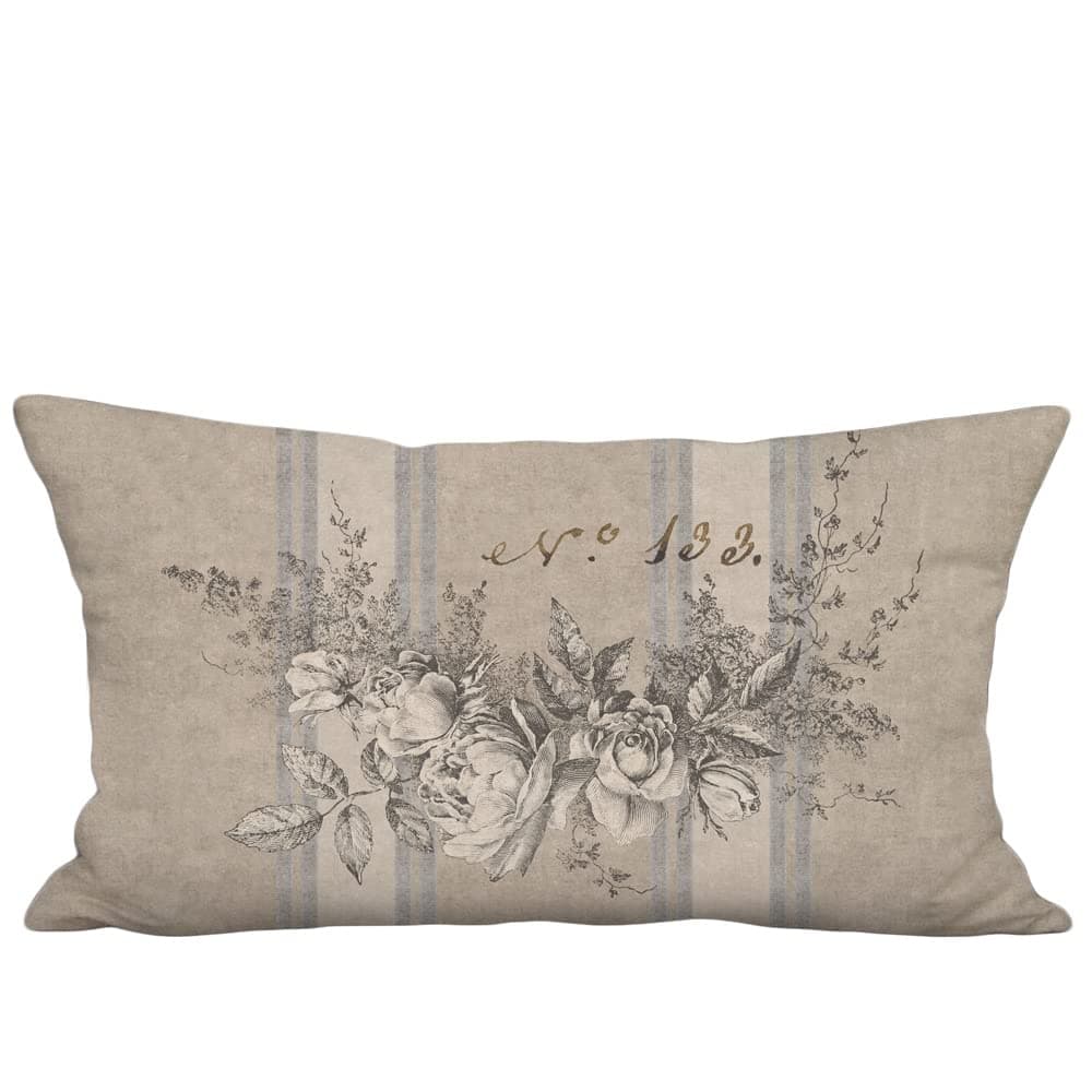 Rustic Garland of Roses French Grain Sack Style Linen Cotton Pillow Cover - Made-to-Order Sizes to Fit Lumbar Oblong Rectangular Inserts - PILLOW COVER ONLY