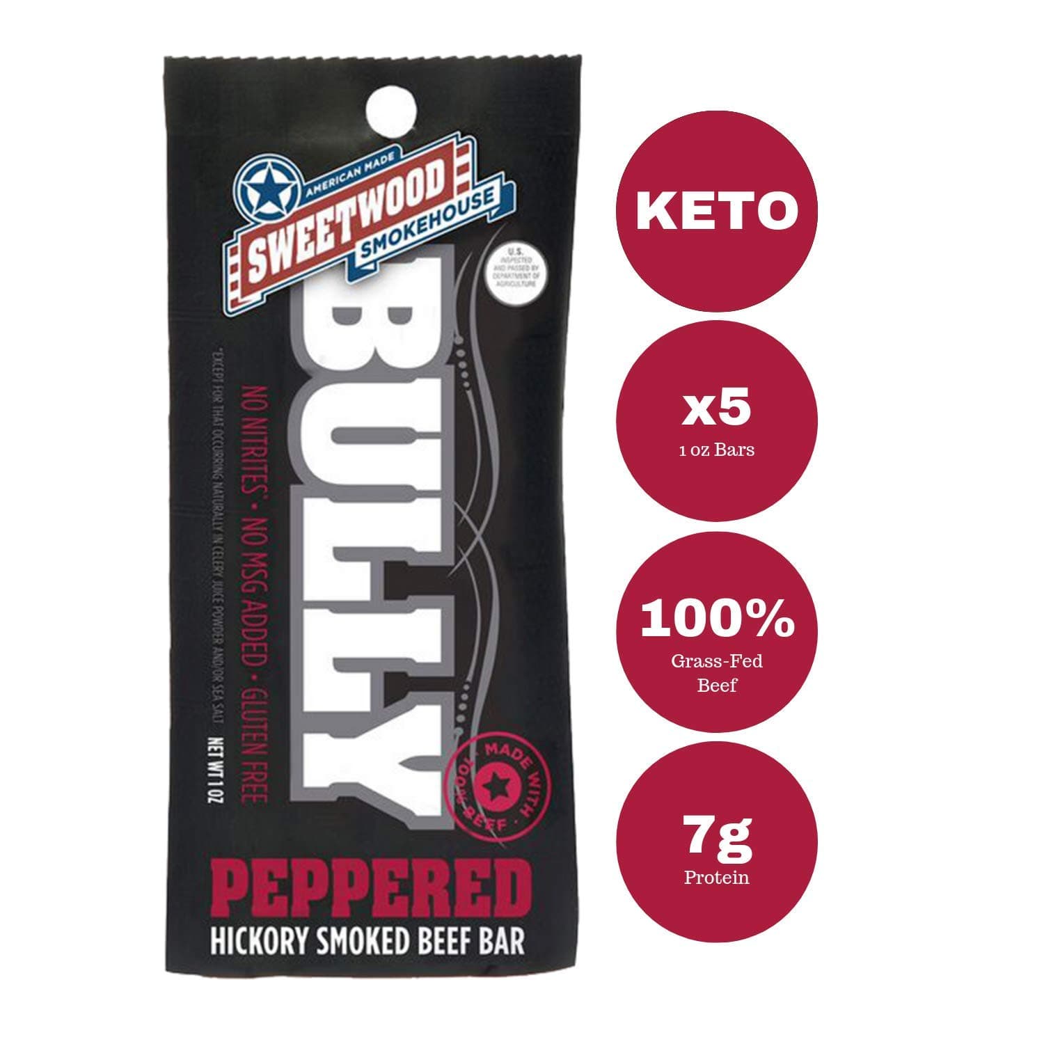 Sweetwood Smokehouse Smoked Beef Stick | Bully Bar | Peppered Flavor | 15 Pack of 1 oz Bags | USA Grass Fed Beef | Keto Friendly, Smoked, Gluten Free, High Protein Snack | No Nitrates, No Added MSG