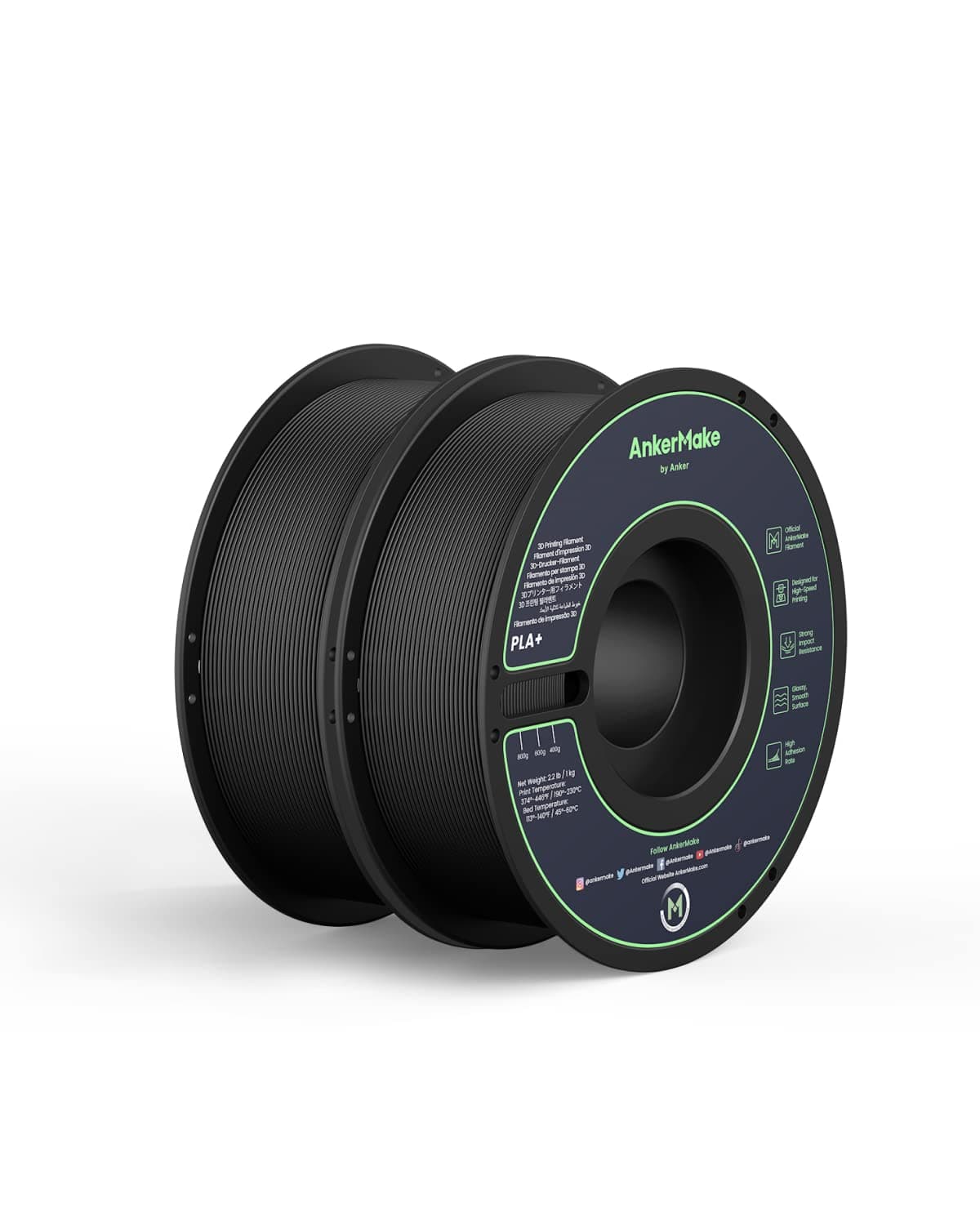 PLA+ 3D Printing Filament, AnkerMake Official Filament, 2-Pack, 4.4 lb / 2 kg, Smooth, High-Adhesion Rate, Designed for High-Speed Printing - Black