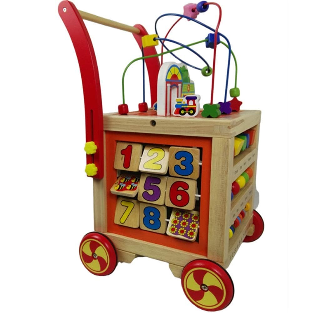 Baby Walker, Early Education Wooden Puzzle Kids Block And Roll Cart Push And Pull Baby Walker With Multiple Activity Centre Sit-to-Stand Learning Walker Toddler Preschool Color Shape Counting Toys Car