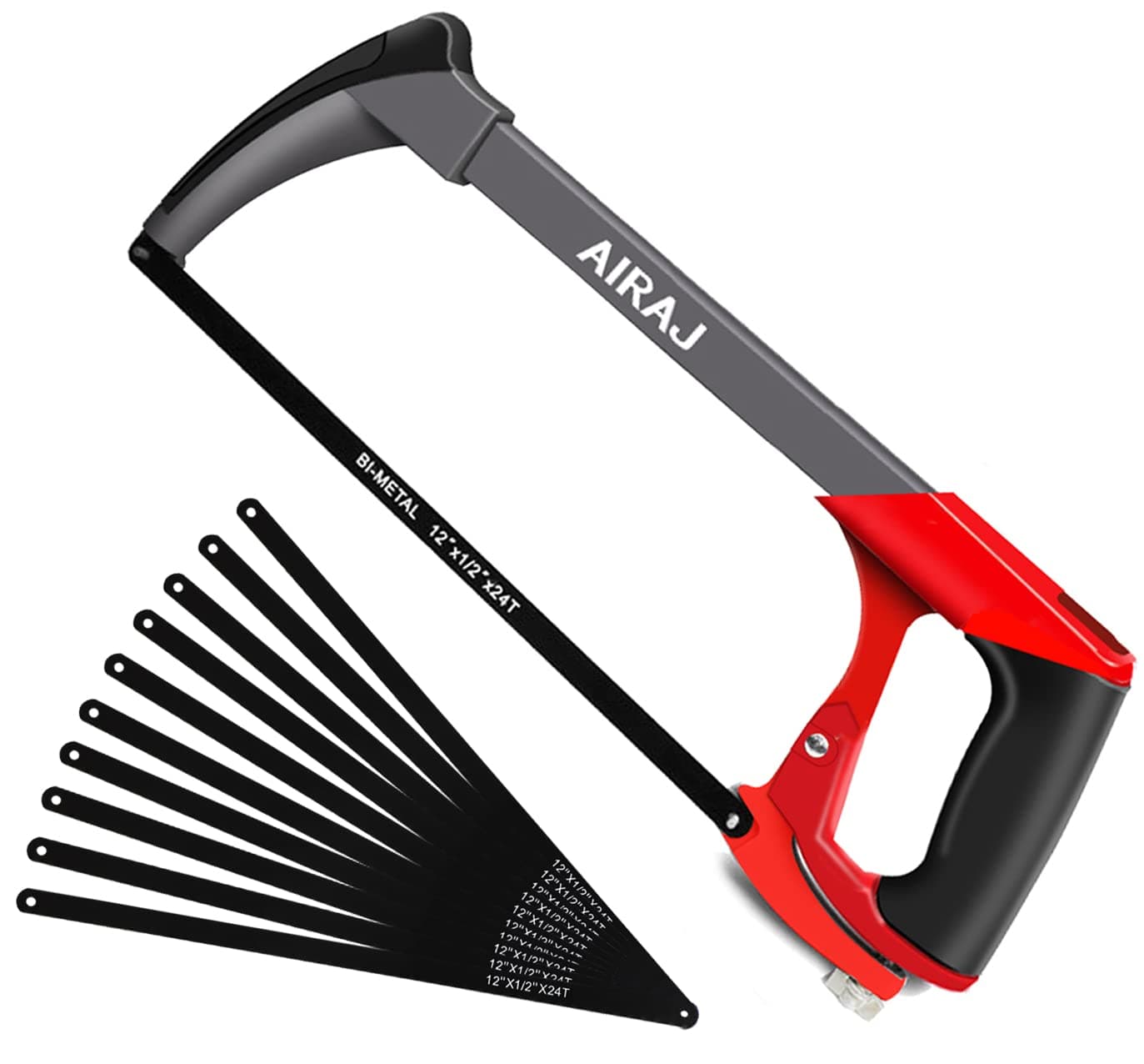 AIRAJ Multifunctional Hacksaw Frame with Adjustable Tension and 10 Saw Blades,Two Sawing Angles (45°/90°) Saw.Multi-Purpose Heavy Duty Hand Handsaw Set for Plastic, PVC Pipe,Tile, Metal