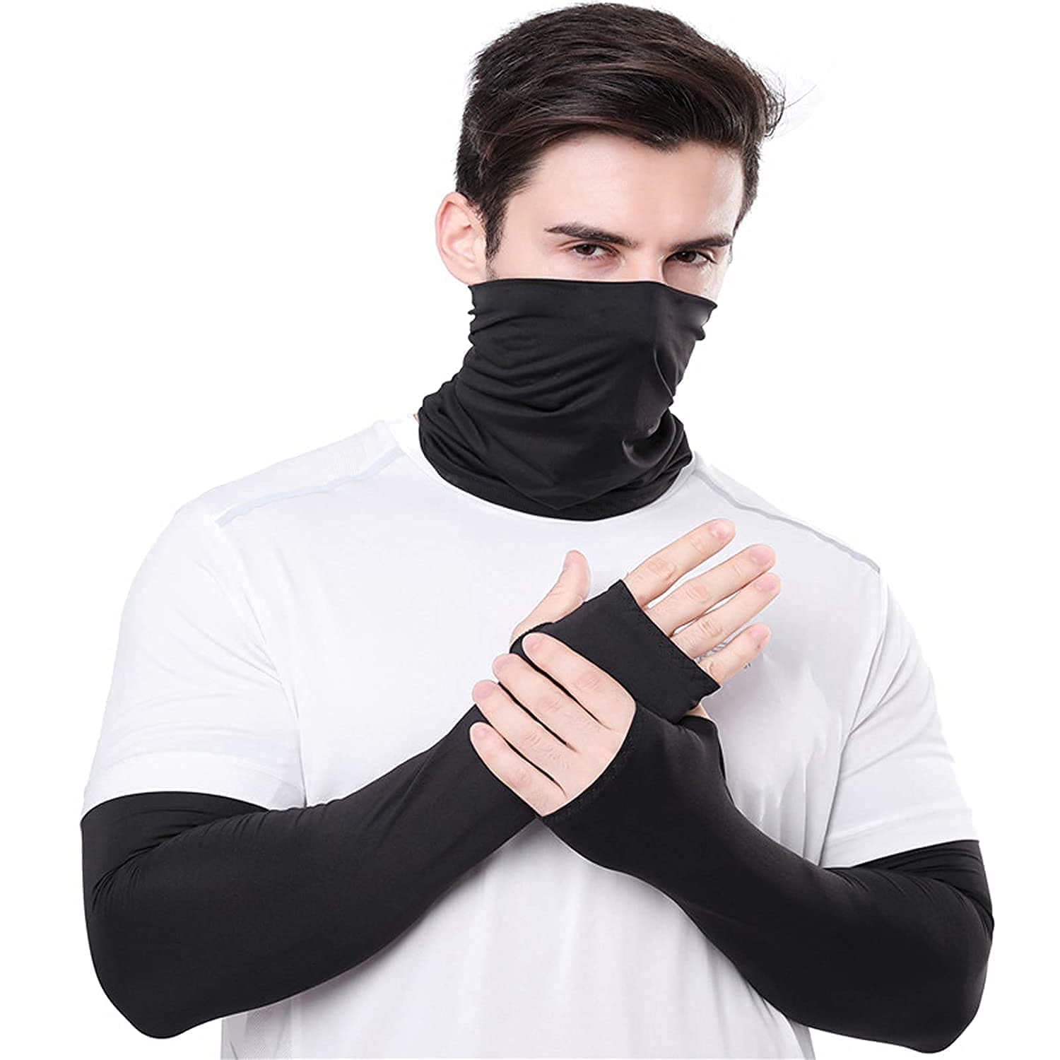 HOSVIN Fully Stretchable Arm Sleeve with Bandanas for Men & women Sun UV Ray Dust Protection Bike Riding Cycling Gloves Cricket Golf Football